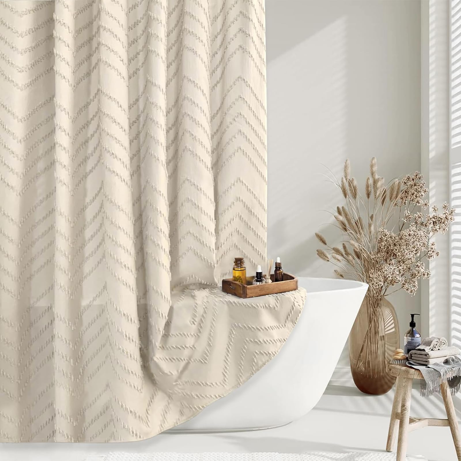 Jolof Store Beige Boho Shower Curtain – 72x72 Tufted Farmhouse Fabric
