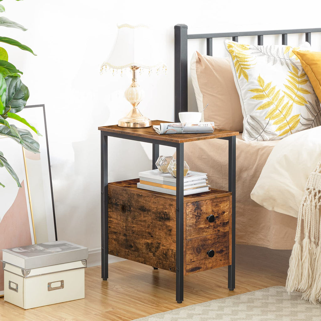 HOOBRO Narrow Side Table - Industrial Slim Bedside Table with 2 Drawers