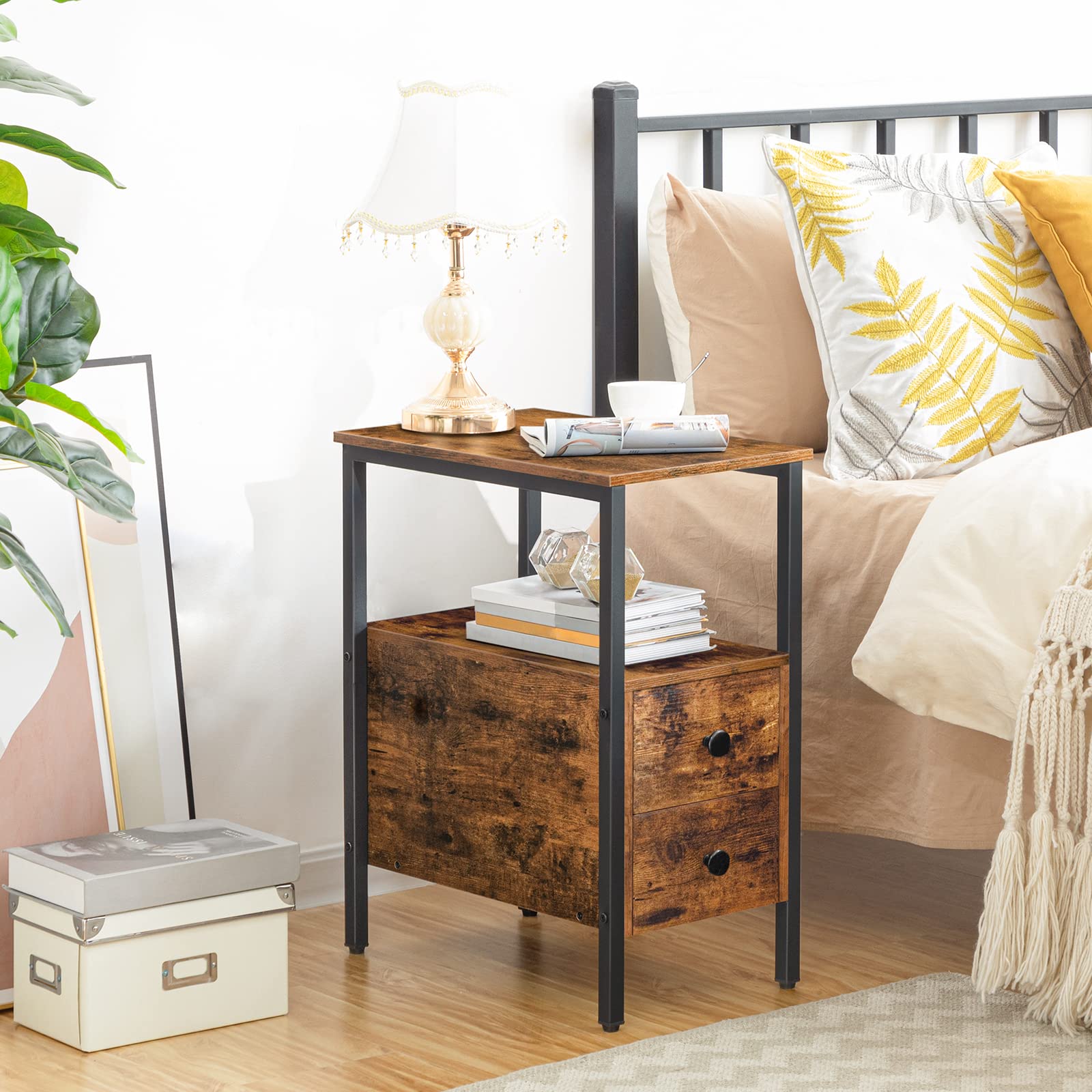 HOOBRO Narrow Side Table - Industrial Slim Bedside Table with 2 Drawers