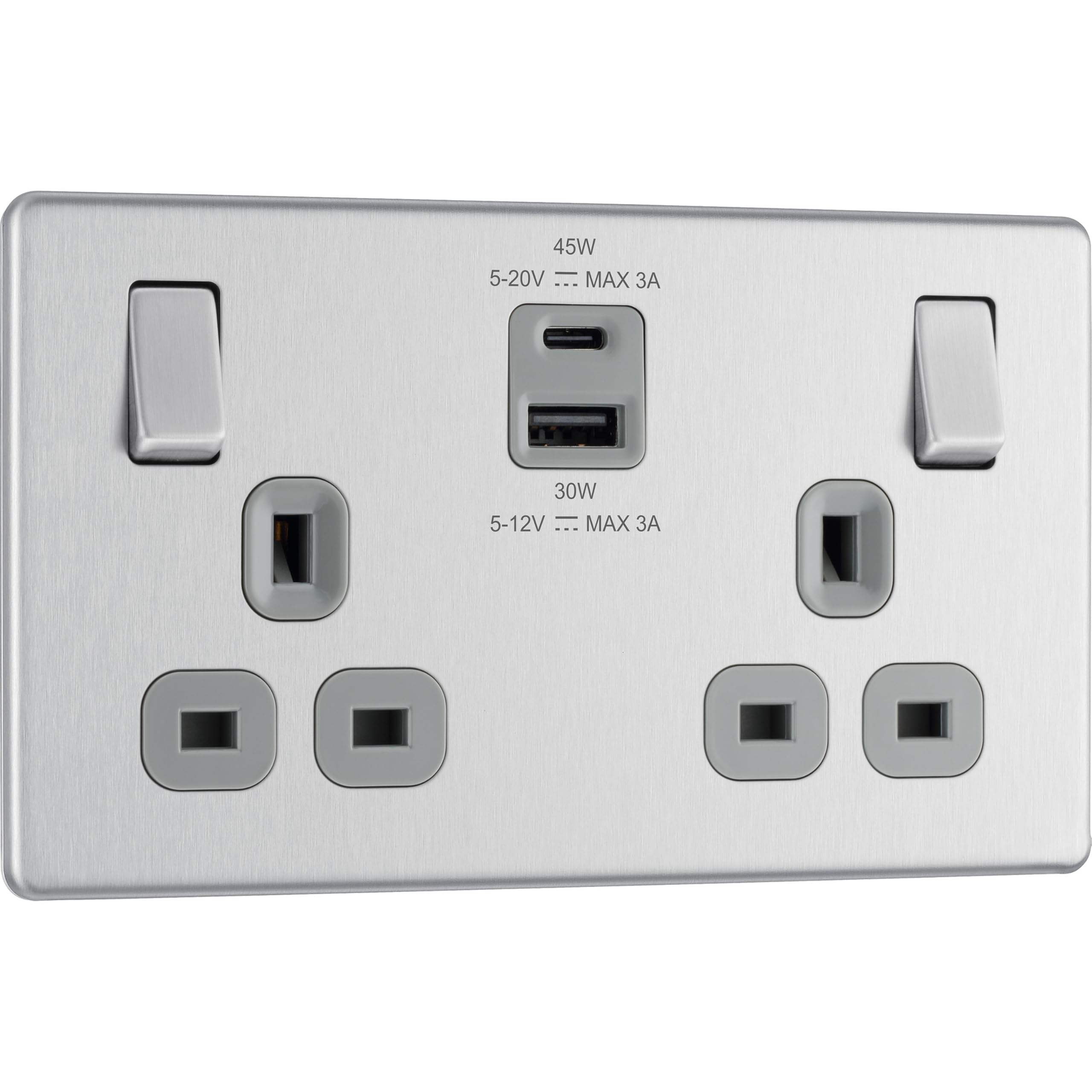 BG Electrical 45W Double Wall Socket | USB A & C Fast Charge | Brushed Steel
