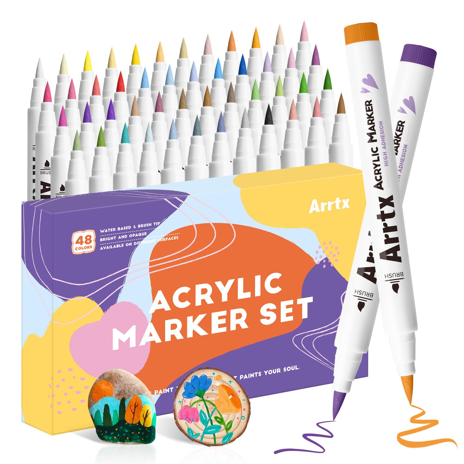 Arrtx Acrylic Paint Pens | 48 Colors Brush Tip Markers for Rock Painting