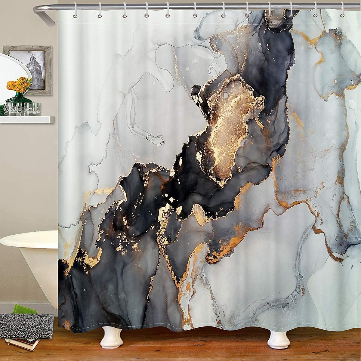 Loussiesd Marble Shower Curtain - Grey & White 3D Ink Texture Fabric