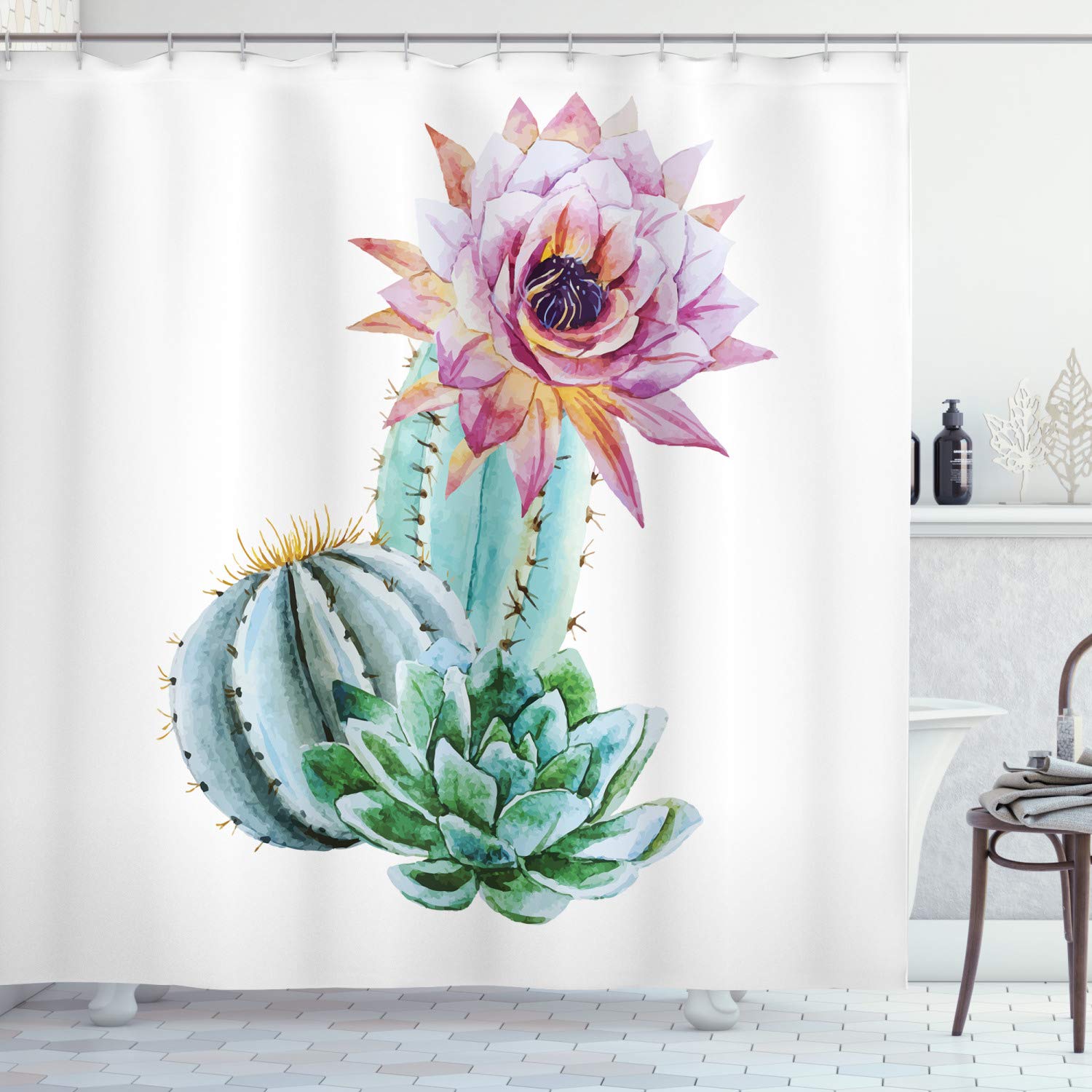 ABAKUHAUS Cactus Shower Curtain | Waterproof Fabric Bathroom Decor Set