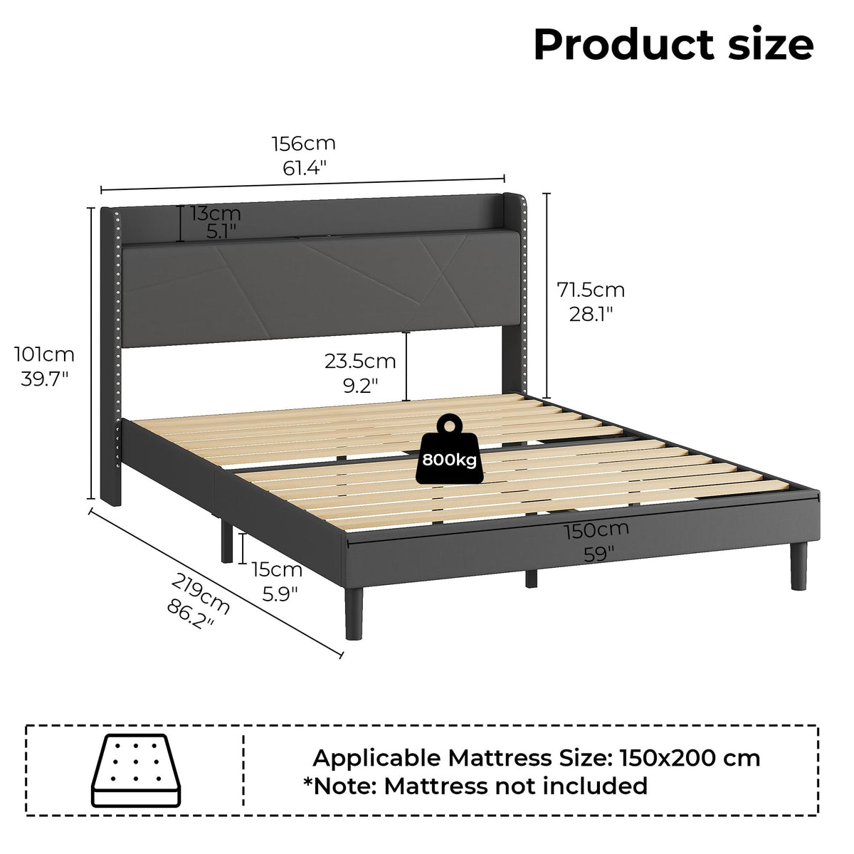 IRONCK 5ft King Size Bed Frame with Charging Station, Bed Frame King with Upholstered Storage Headboard, Sturdy Wooden Slat Support - image 5