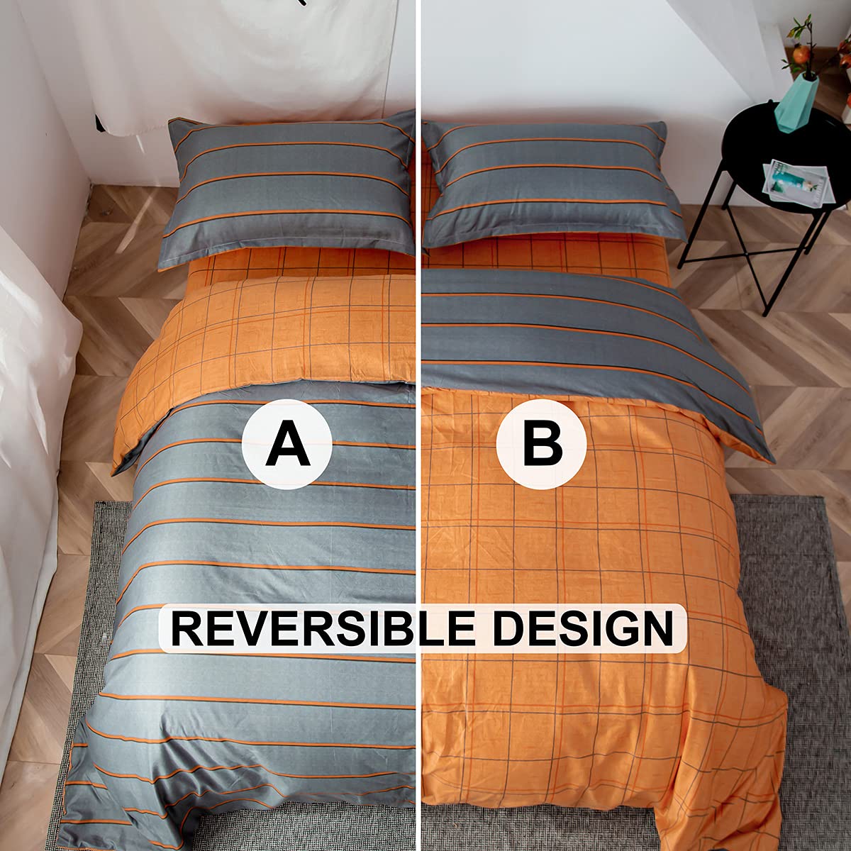 FANSU King Duvet Set | 4-Piece Orange & Grey Microfiber Bedding Set
