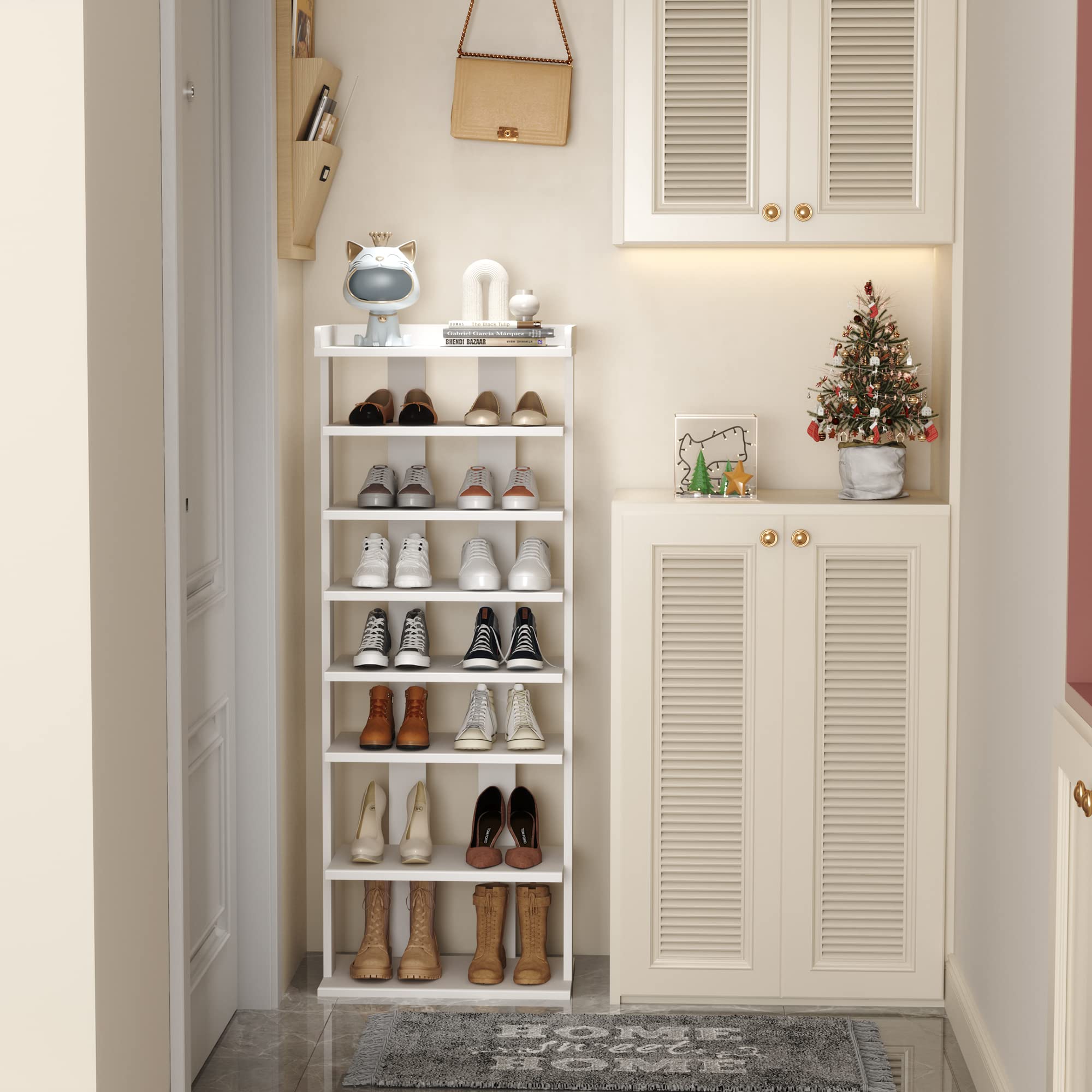 HOME BI 7-Tier Wood Shoe Rack – Narrow Vertical Storage Shelf for Entryway