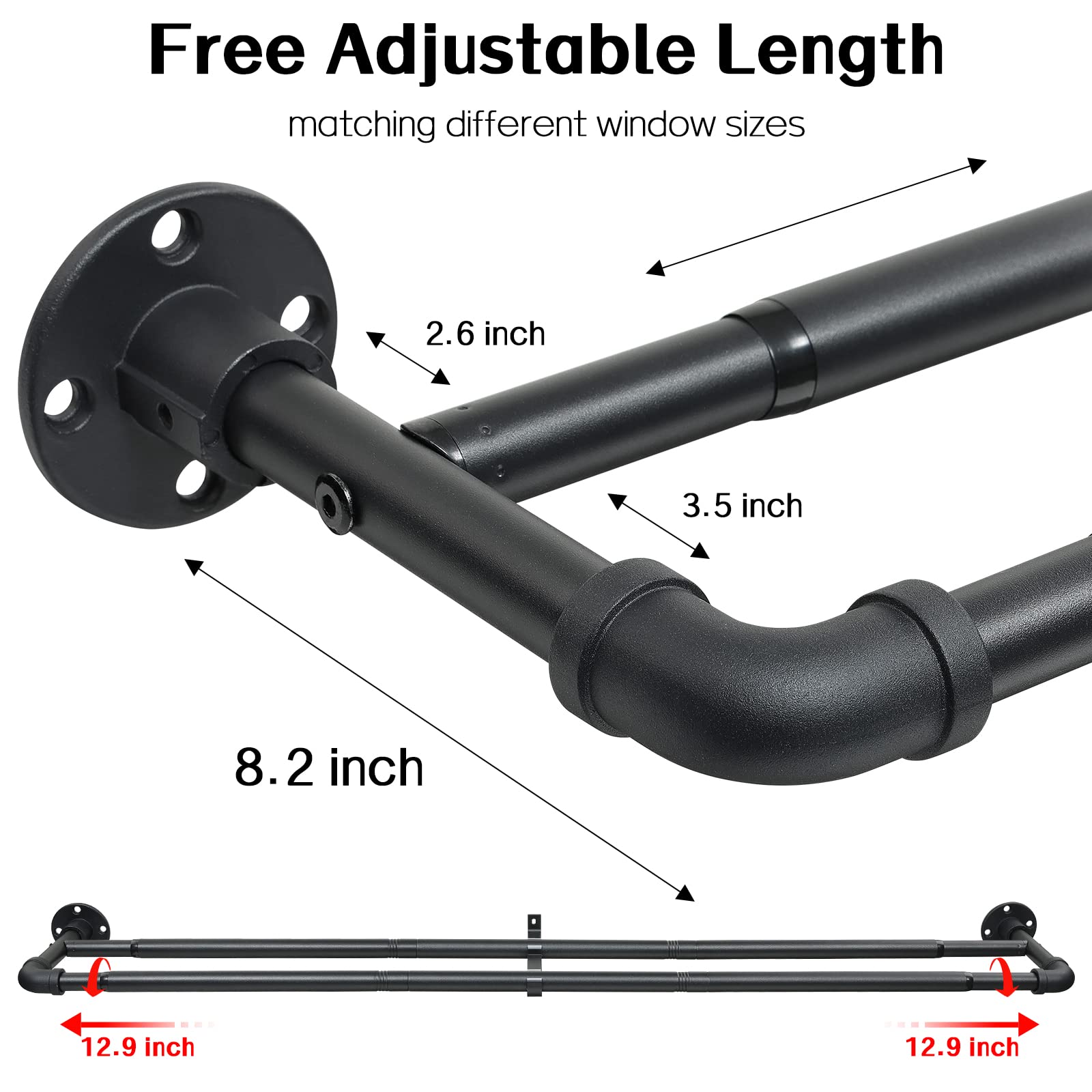Harrms Industrial Double Curtain Pole | Matt Black Extendable Metal Rod
