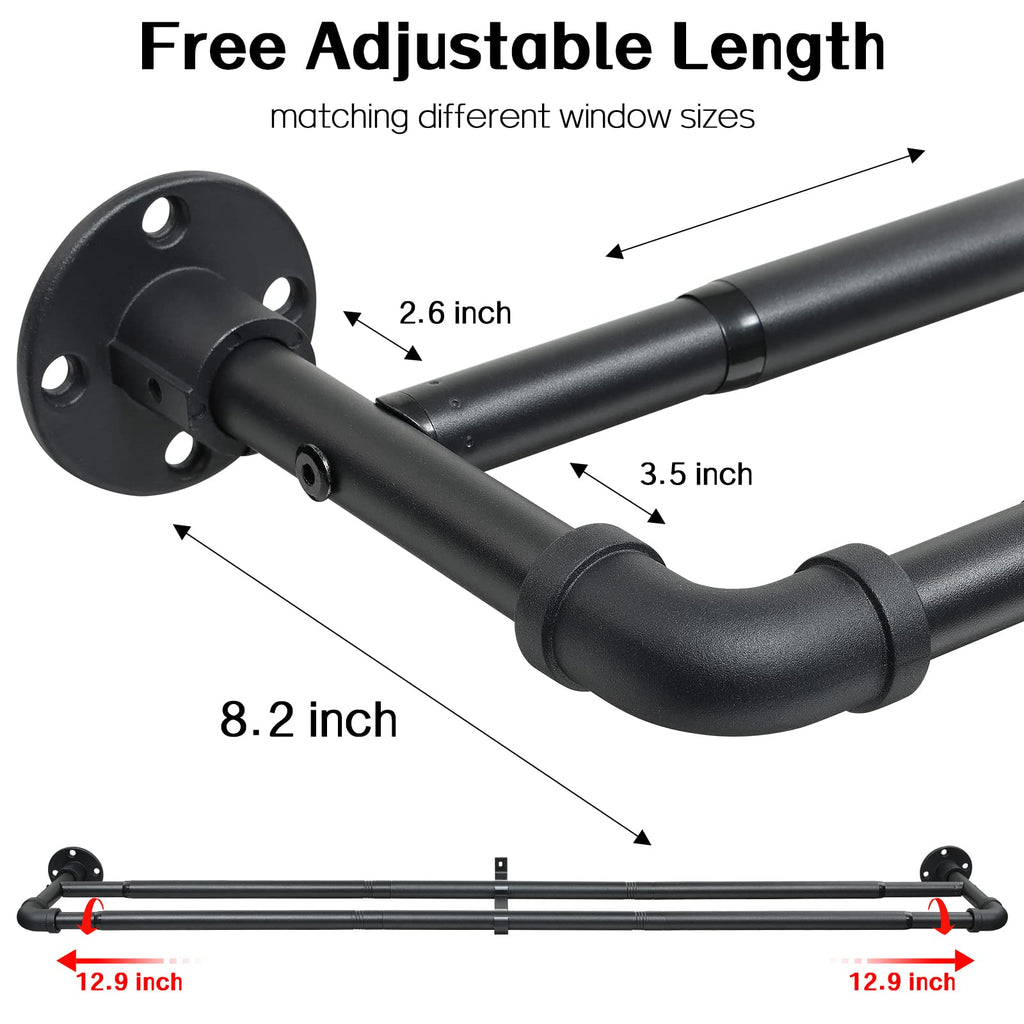 Harrms Industrial Double Curtain Pole | Matt Black Extendable Metal Rod