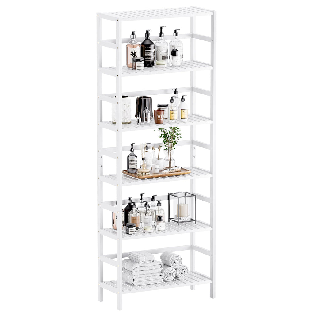 HITNET 6-Tier Bamboo Bookshelf | White Adjustable Tall Storage Display Stand