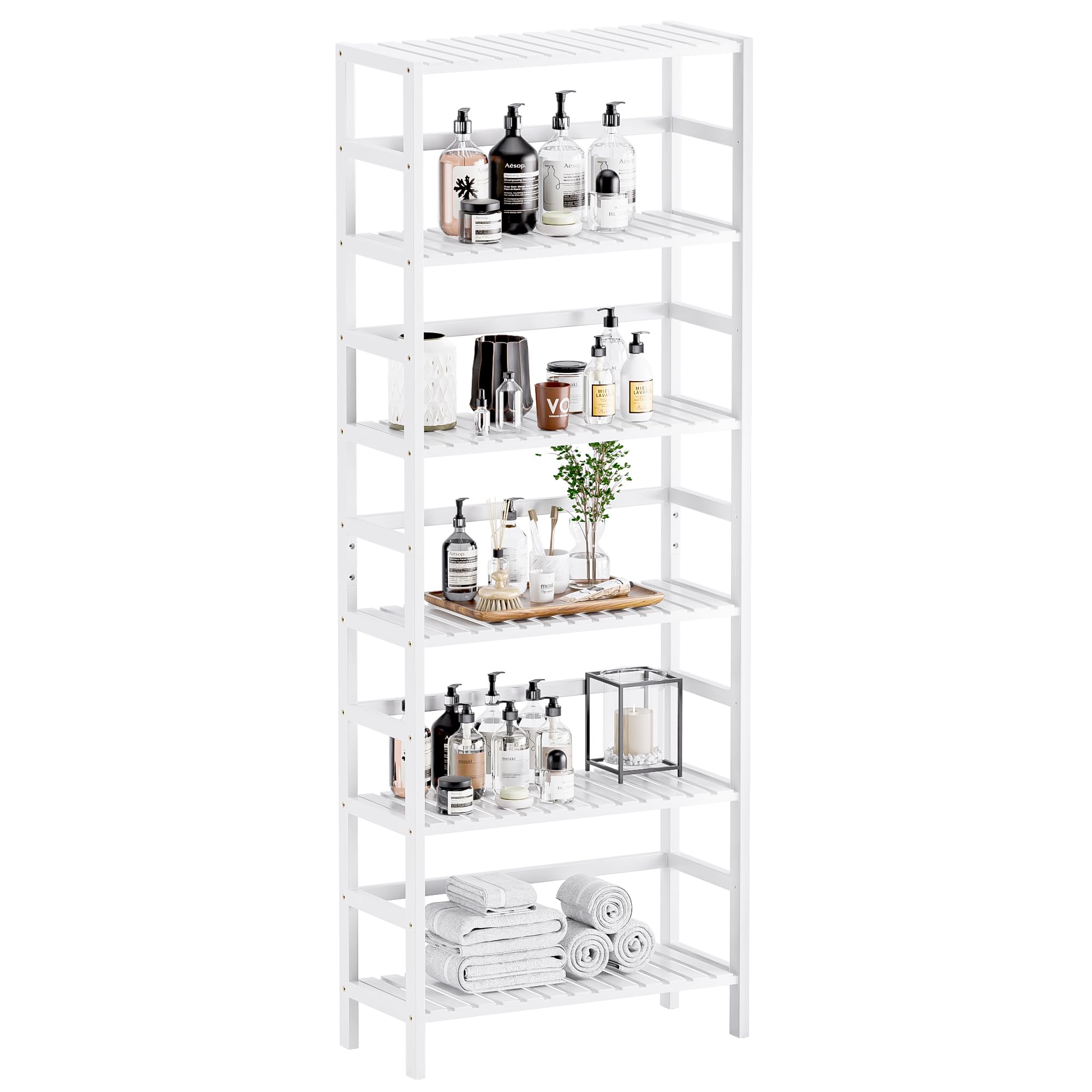 HITNET 6-Tier Bamboo Bookshelf | White Adjustable Tall Storage Display Stand
