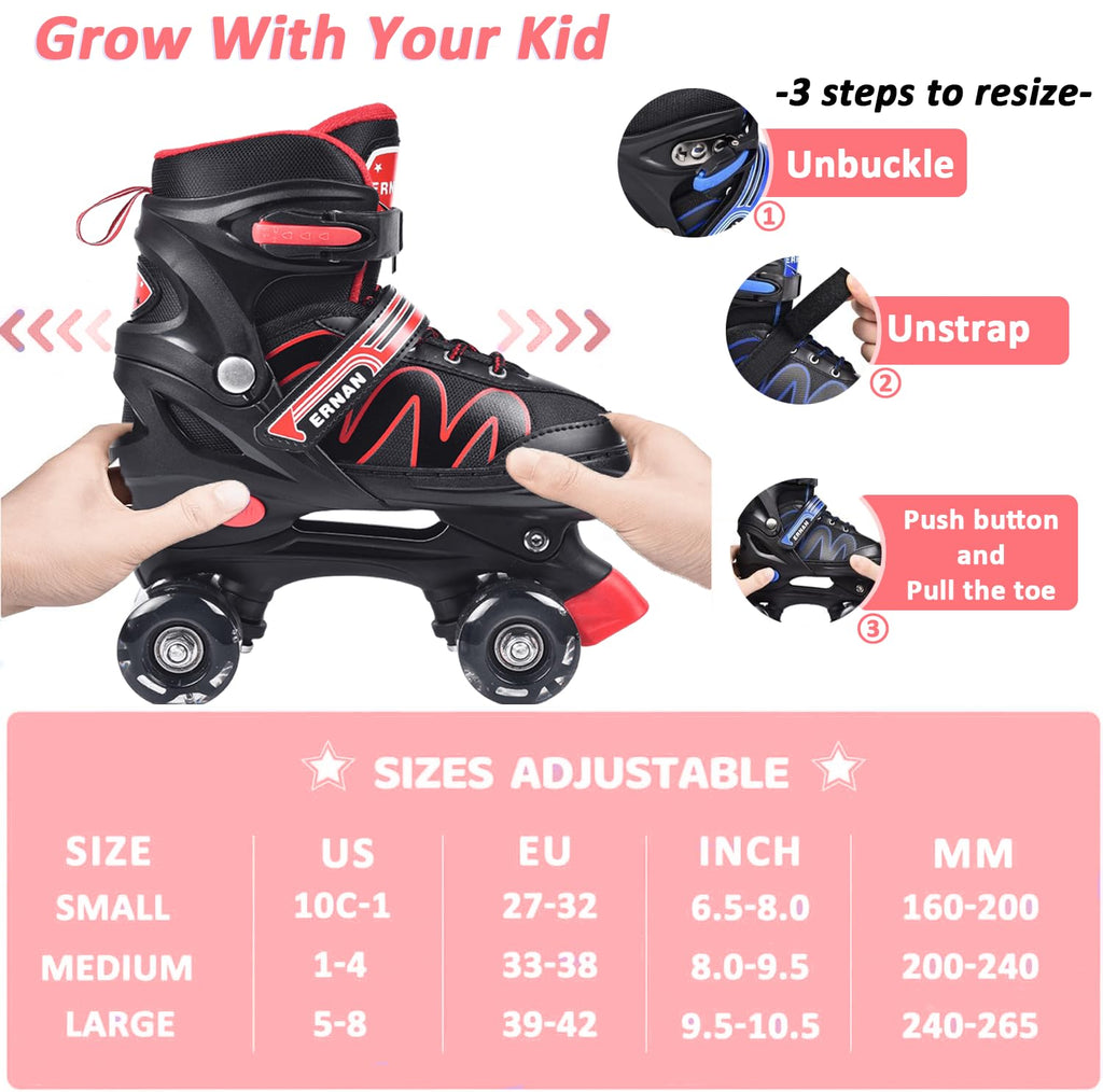 ERNAN Kids Roller Skates | 4 Size Adjustable Light Up Wheels - Red