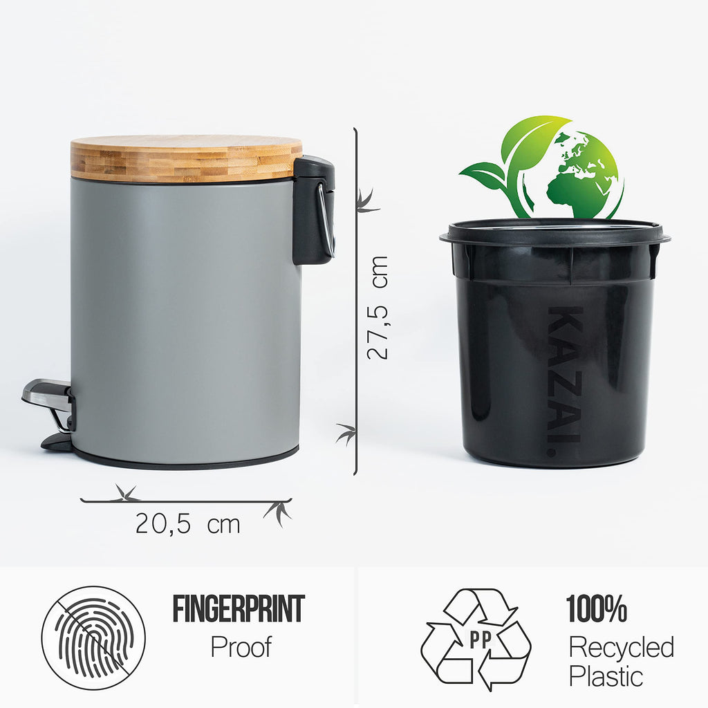 Kazai 5L Bathroom Bin – Soft Close Matte Grey Wastebin with Bamboo Lid
