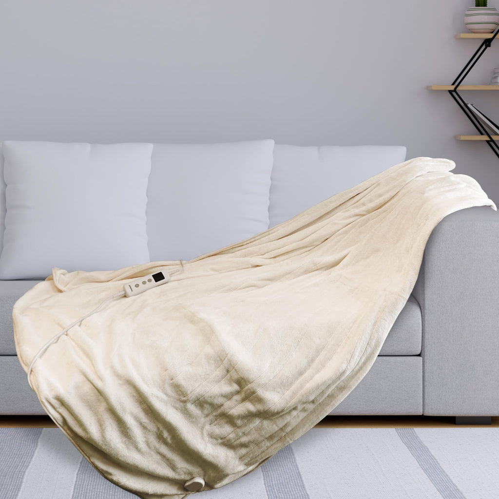 Schallen Soft Fleece Heated Throw Blanket – 10 Heat Settings, Cream