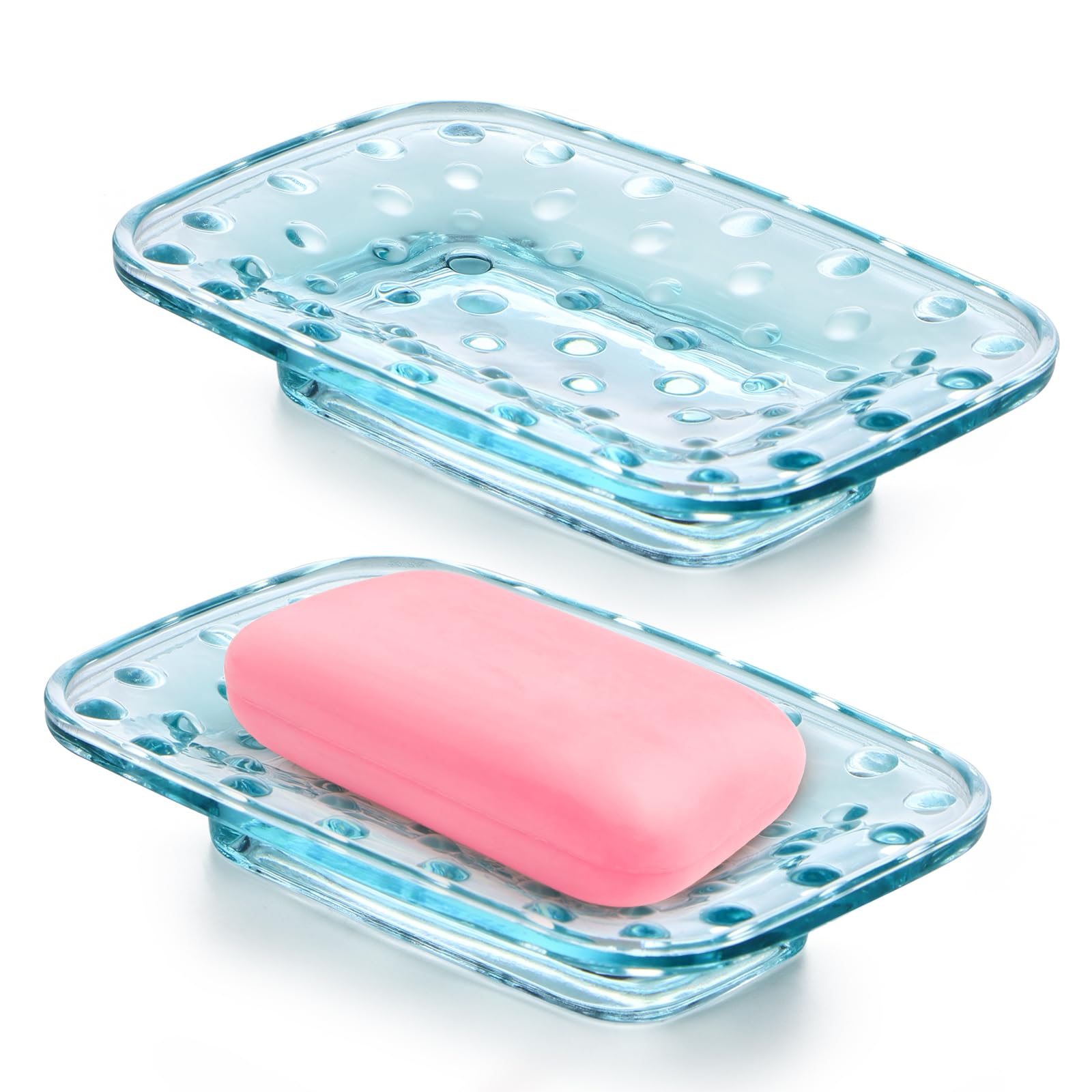 Glass Soap Dish Holder – Blue Dot Pattern Tray, Pack of 2