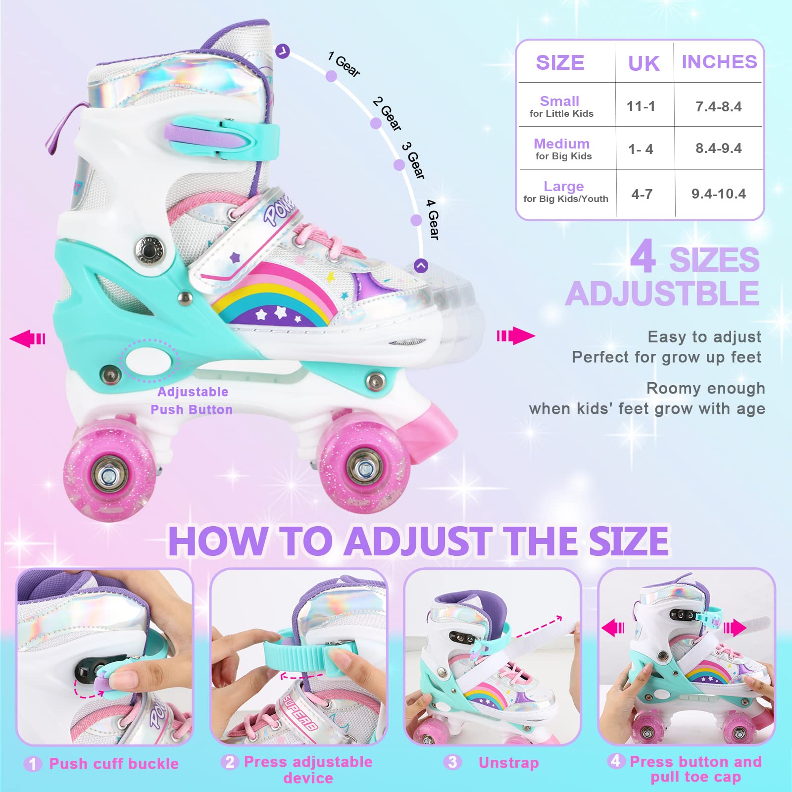 Jolof Store Kids Roller Skates – Adjustable Rainbow Light Up Skates for Girls