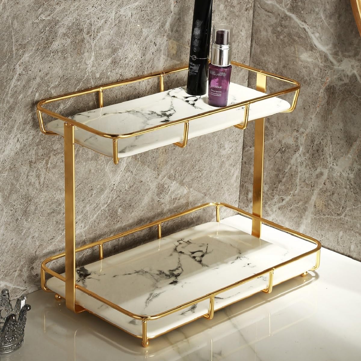 Jolof Store Makeup Organizer – Gold Stainless Steel & White Marble Vanity Shelf