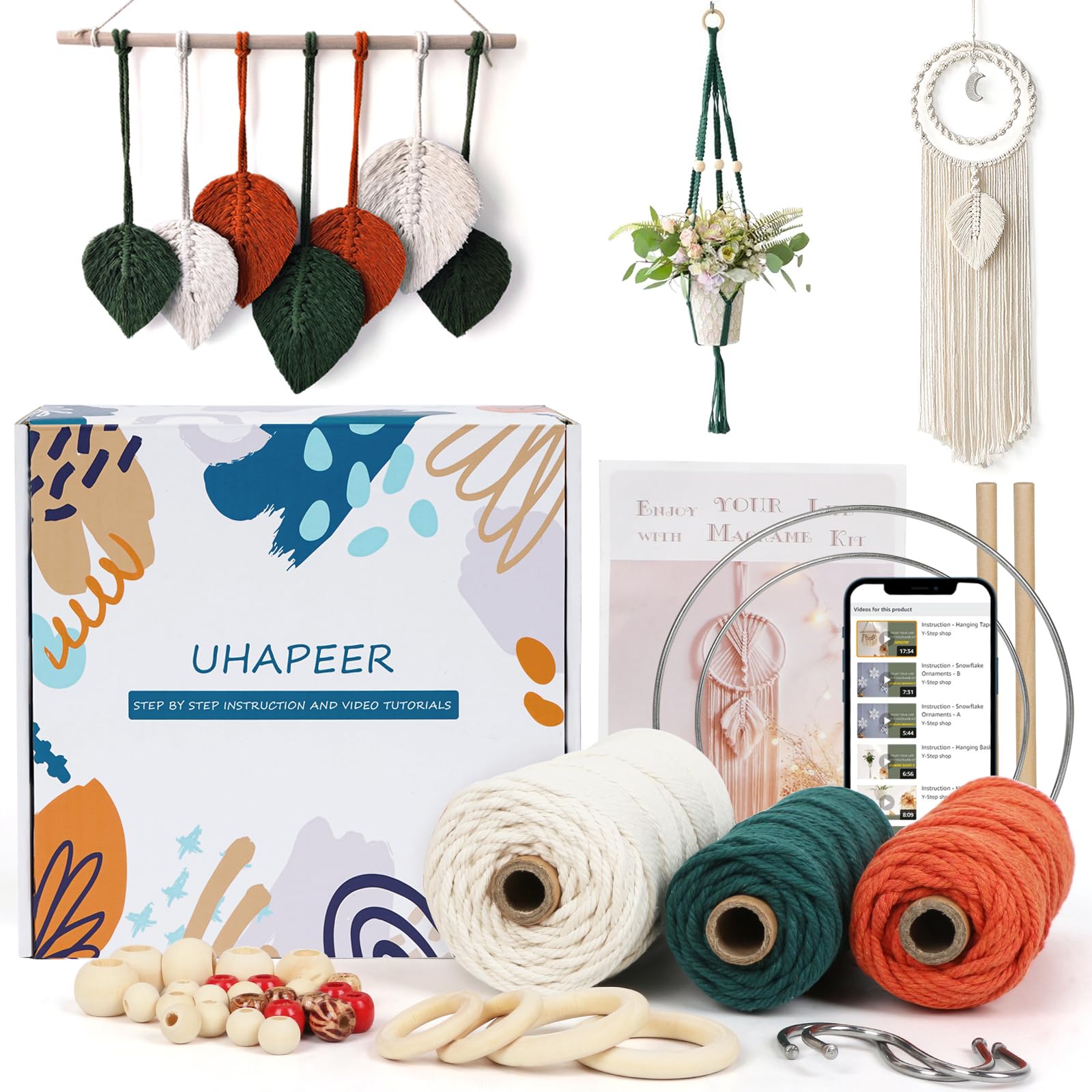 UHAPEER DIY Macrame Kit - 656ft Natural Cotton Cord Starter Set with Beads