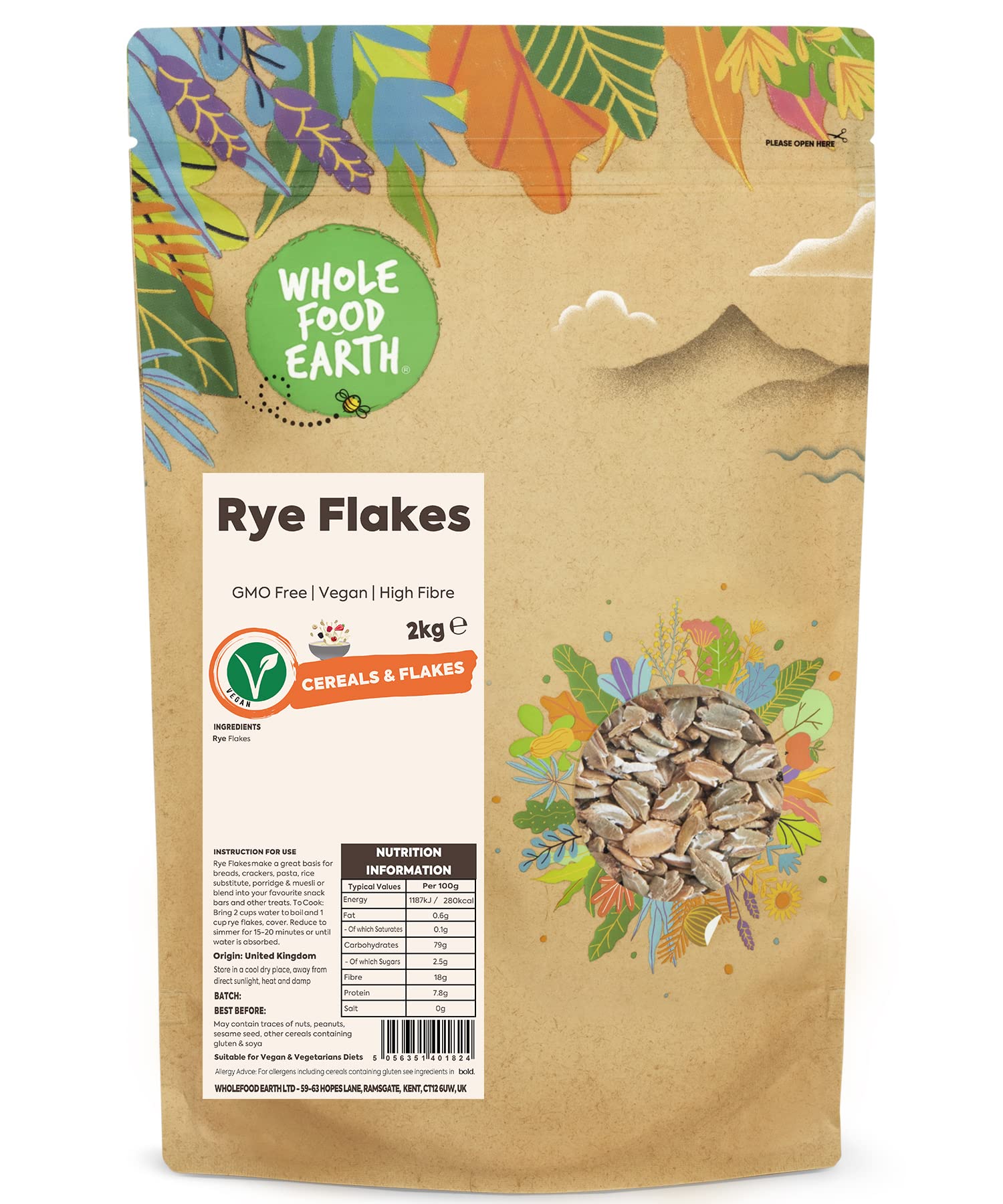 Wholefood Earth Rye Flakes 2kg – High Fibre Whole Grain Cereal