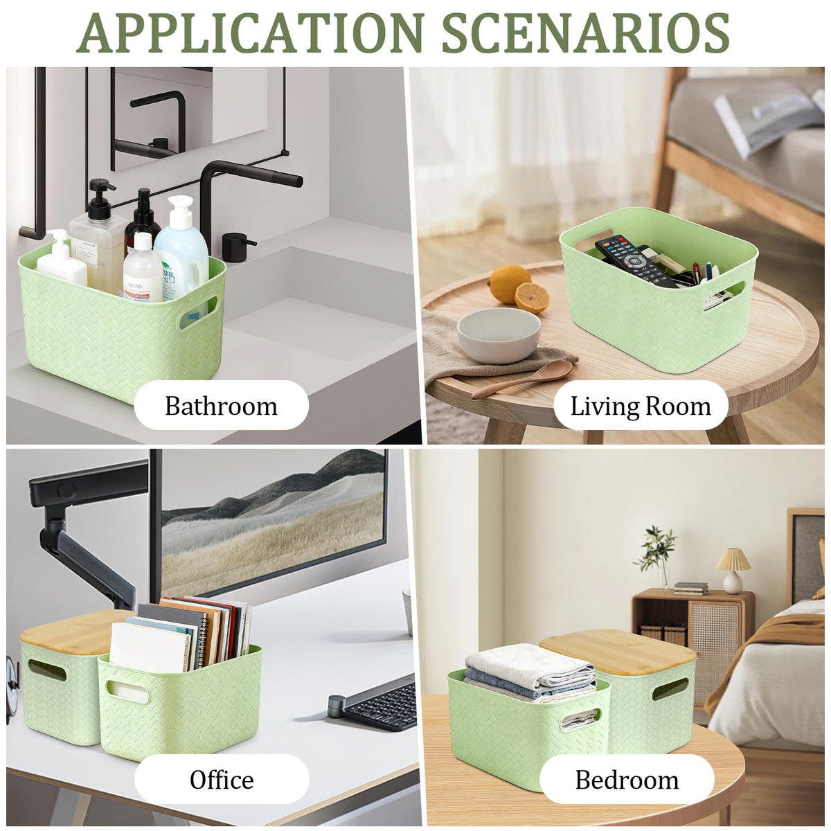 RWFMO 4 Pcs Plastic Green Storage Baskets with Bamboo Lid for Bathroom - image 5