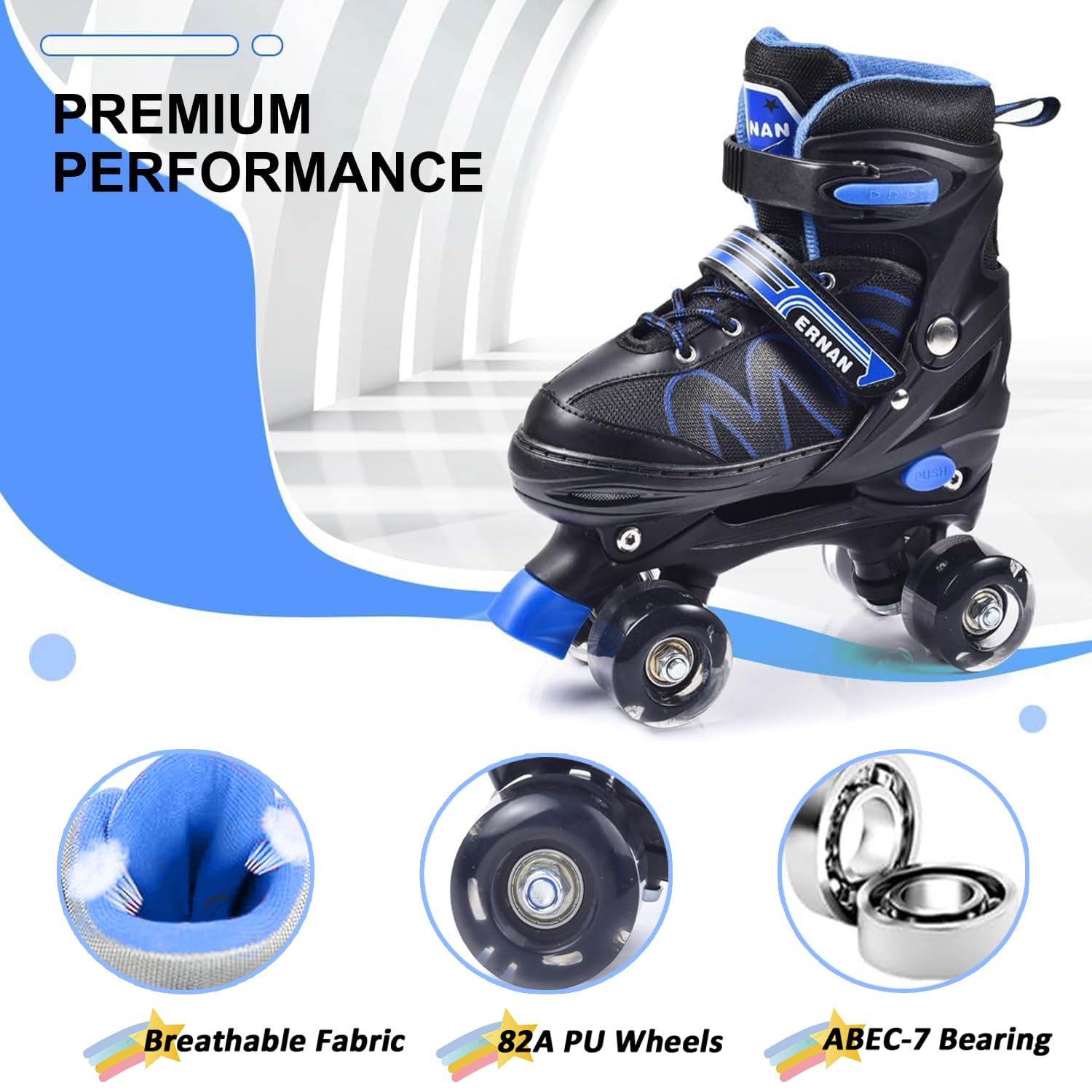 ERNAN Kids Roller Skates | 8 Light Up Wheels | 4 Sizes Adjustable - Blue