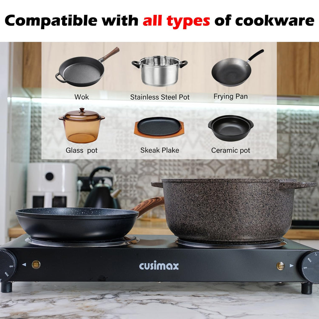 CUSIMAX Double Electric Hob | 2400W Portable Ceramic Hot Plate – Black