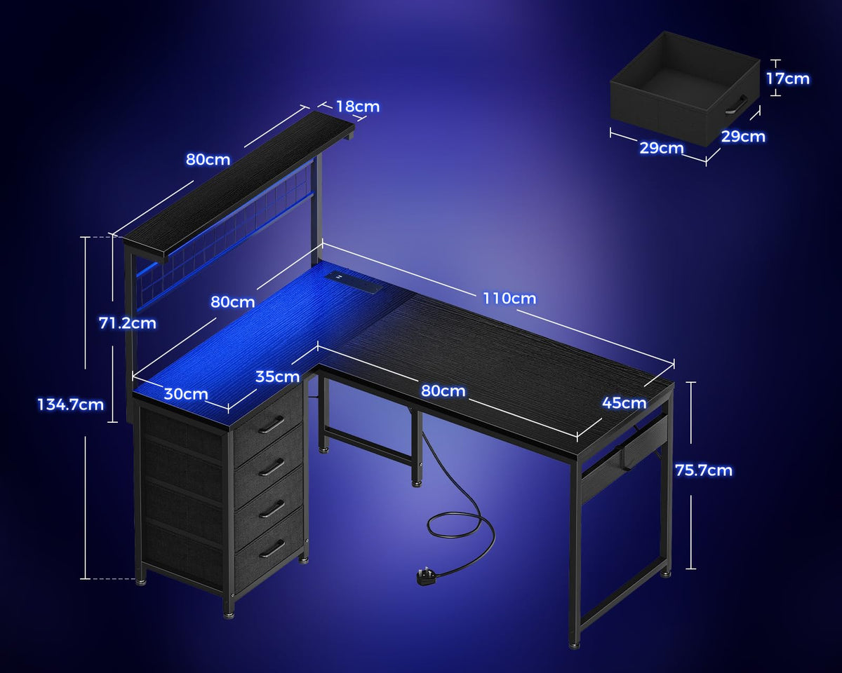 Coleshome L Shaped Gaming Desk with Drawers & Shelf, 110 × 80 cm - image 2
