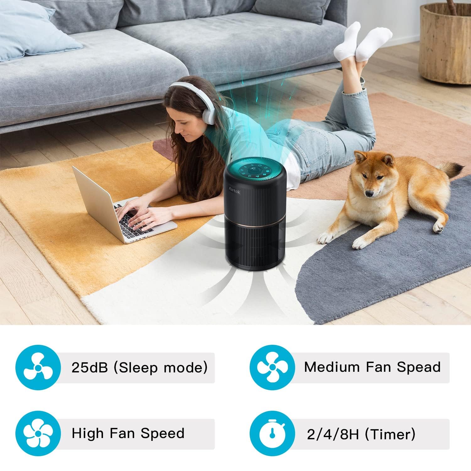 AIRTOK H13 True HEPA Air Purifier for Home Bedroom | Silent 4-in-1 Filter