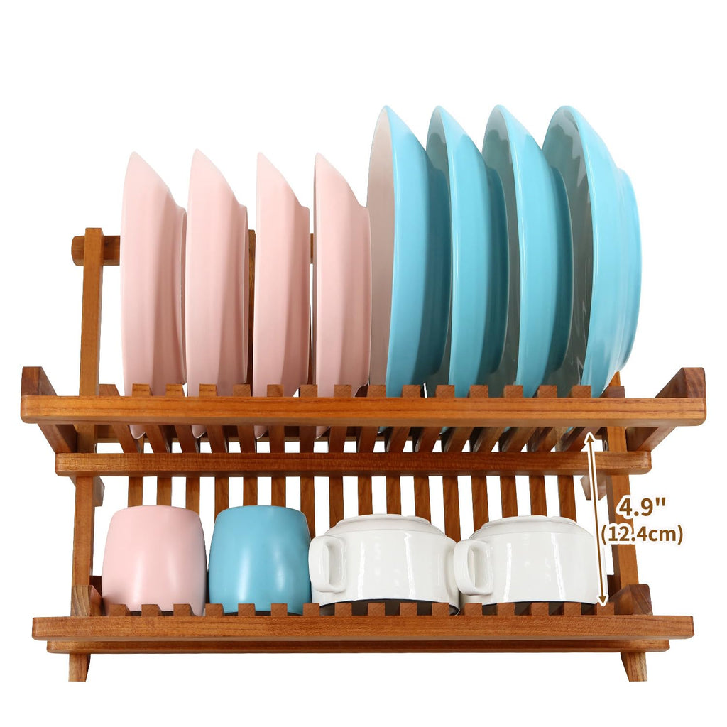 Utoplike Teak Wood Dish Drying Rack – Collapsible 2-Tier Plate Drainer