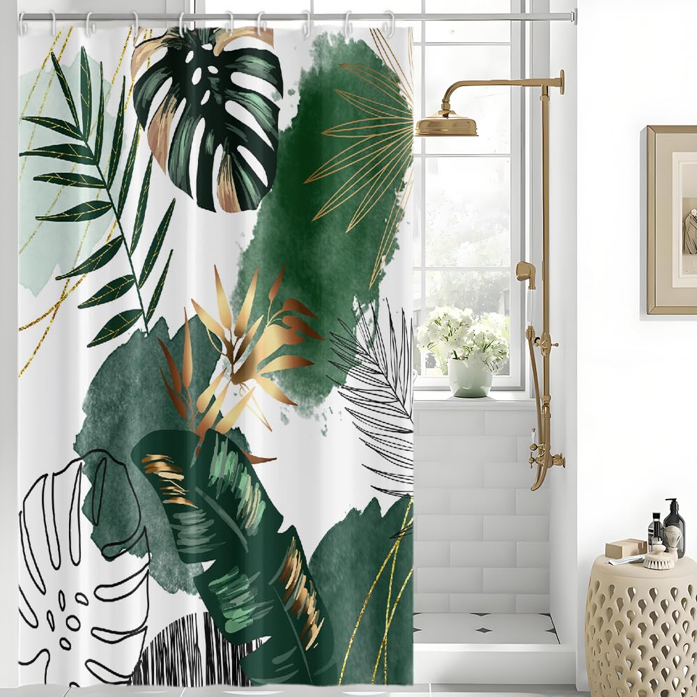 Uiiooazy Green Gold Palm Leaves Shower Curtain | Boho Tropical Polyester