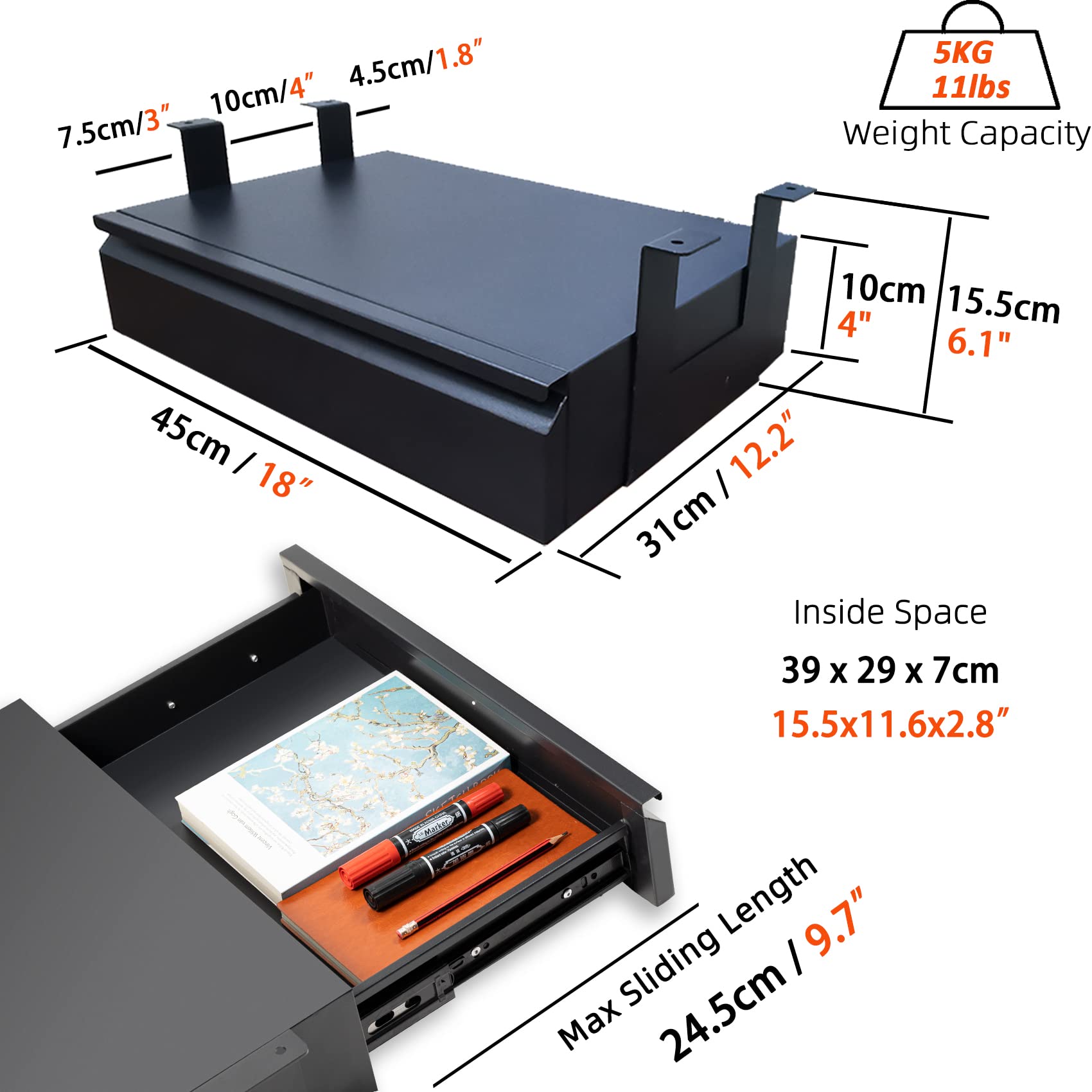 OSteed Large Under Desk Drawer – Metal Pull-out Storage Organizer, Black