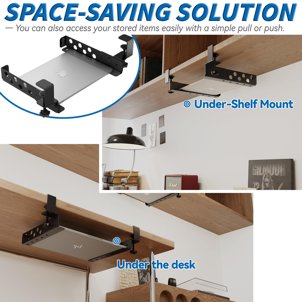 otuiaim Adjustable Under Desk Holder with Clamp for Desk - Steel Shelf - image 2