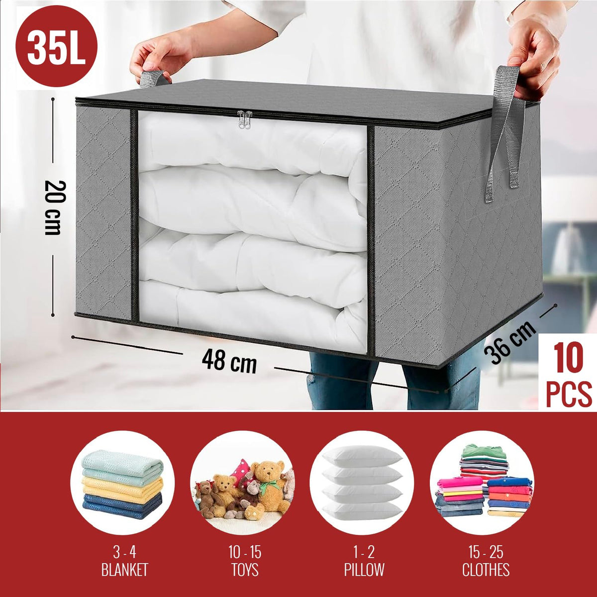 edihome, Clothes Storage Bag, 10 pieces, Wardrobe Organiser, with Reinforced Handles, Heavy Duty Cloth Pouches with Transparent Window - image 2