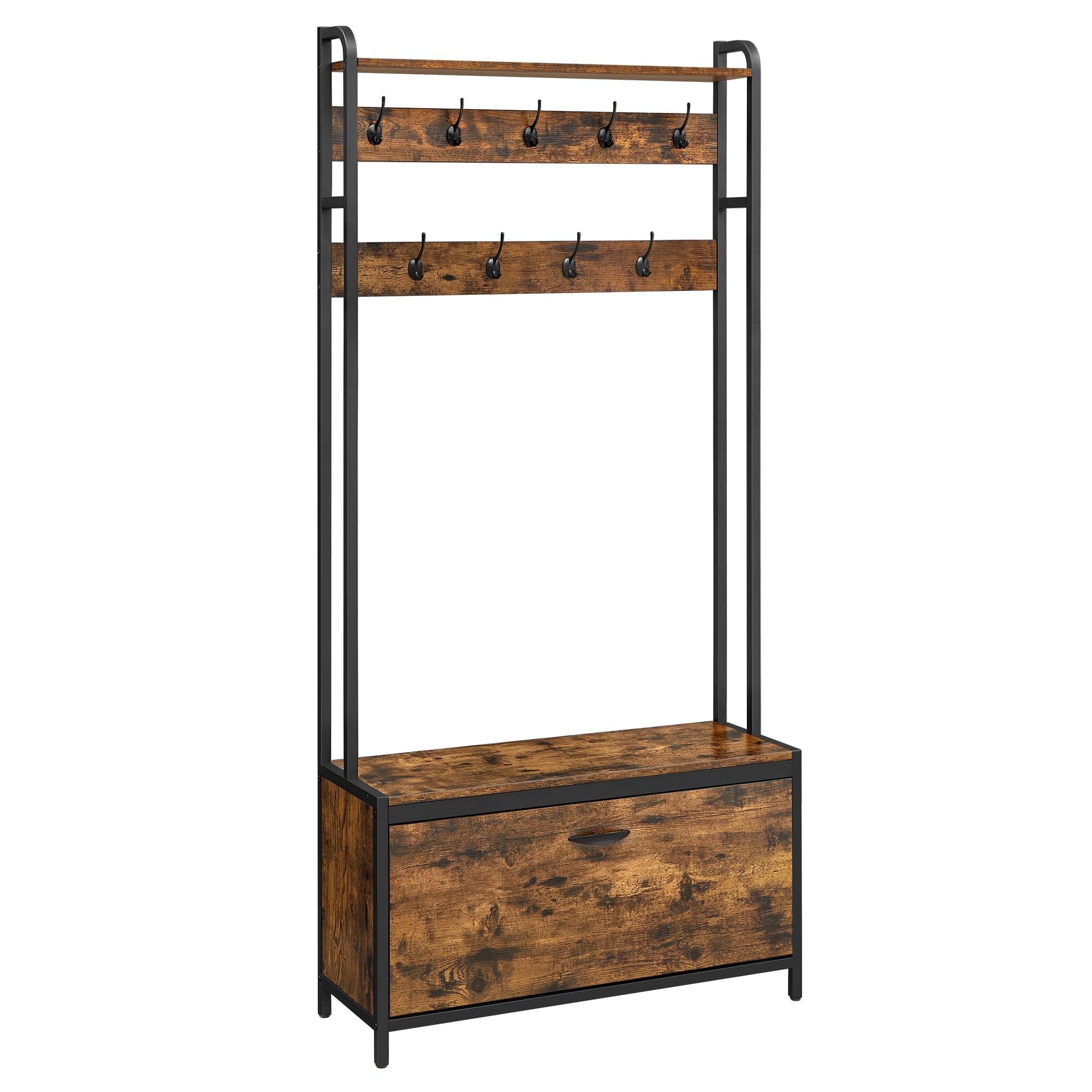 VASAGLE Industrial Hall Tree with Bench and Shoe Storage – Rustic Brown