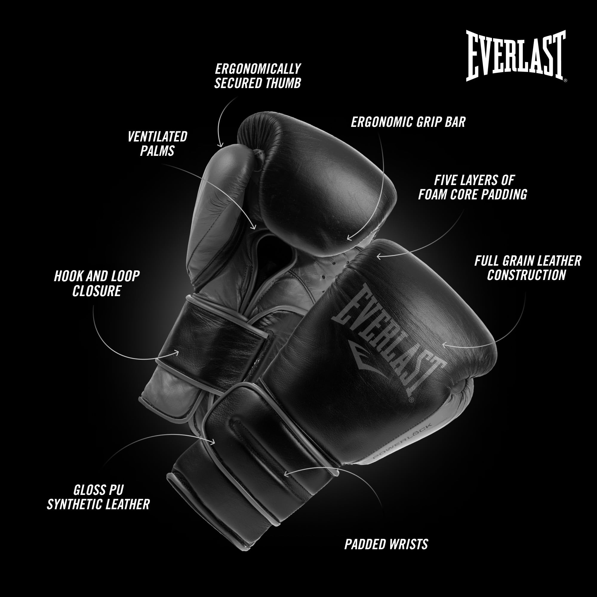 Everlast Powerlock 2R Training Gloves | Black Synthetic Leather | 14oz