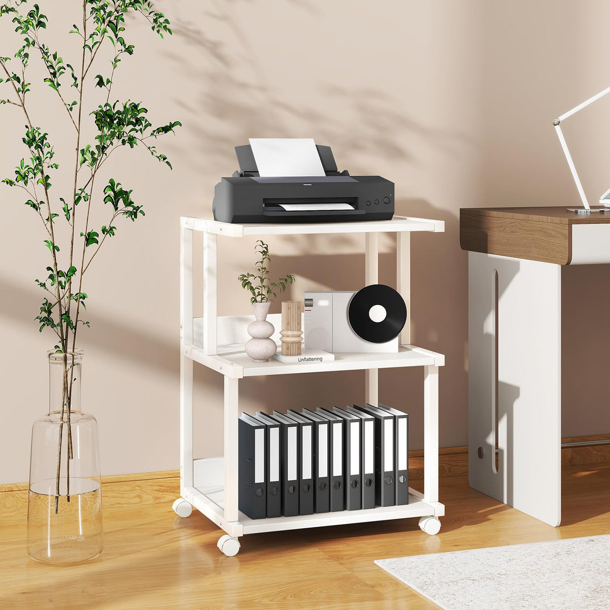IBUYKE 3-Tier Printer Stand With Storage Shelf and Wheels - Rolling Cart for Home Office Organization, Heat Press, Microwave and Mini Fridge TPS001W - image 5