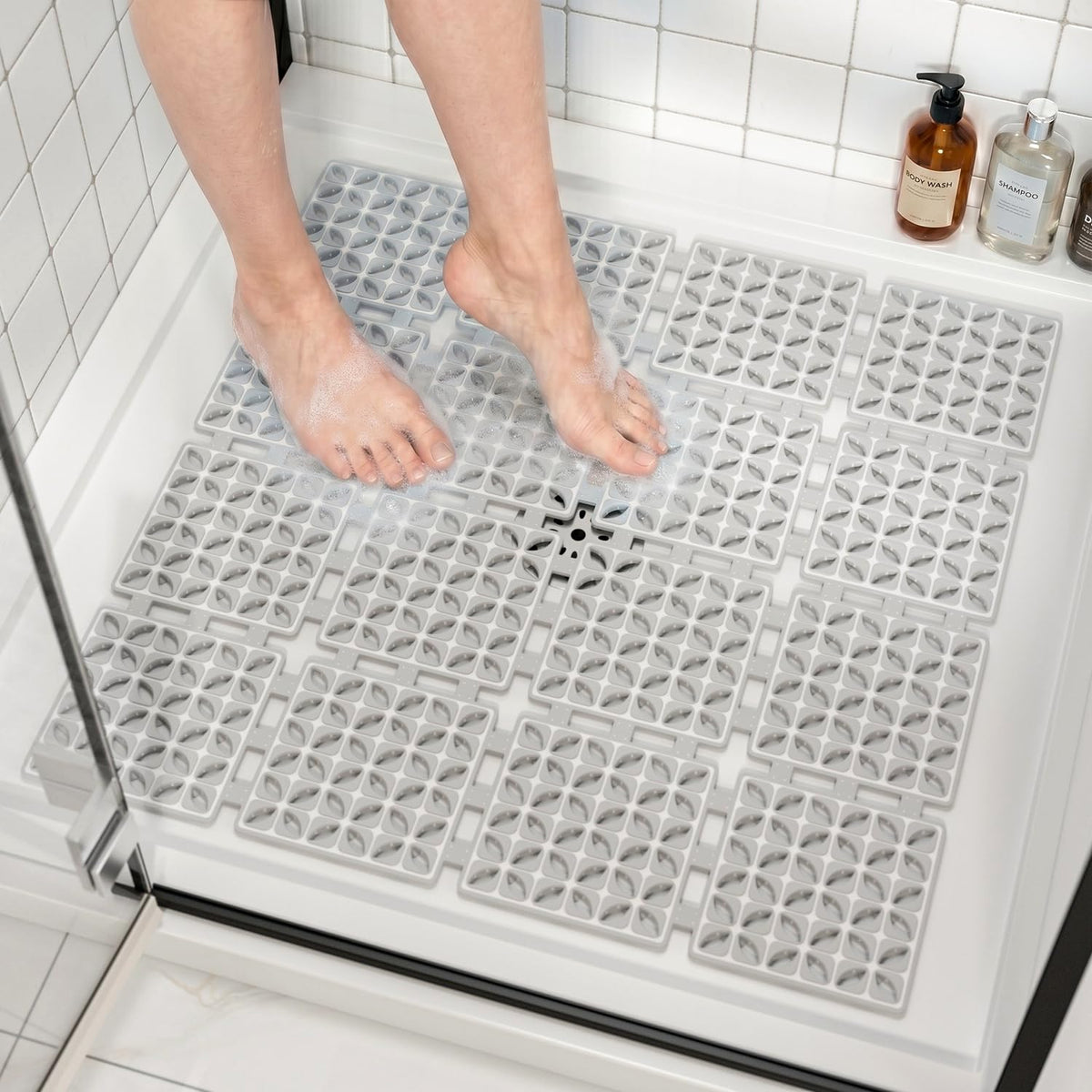 HITSLAM Square Shower Mat Non Slip Anti Mould, 60 x 60 cm Cut to Fit No Odor Soft TPE Bath Mat with Suction Cups and Drain Holes - image 1