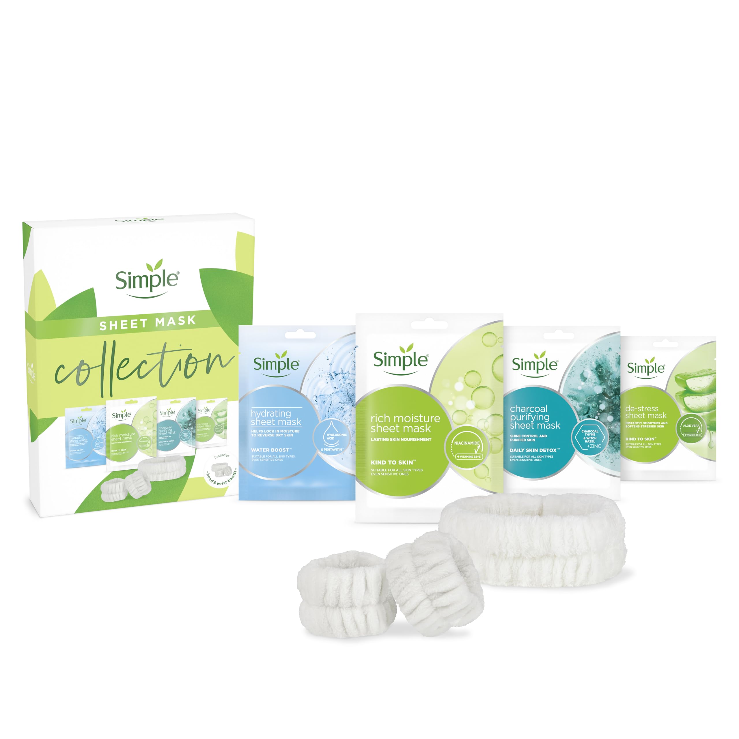 Simple Sheet Mask Collection 4pc Skincare Gift Set with Headband & Wristbands