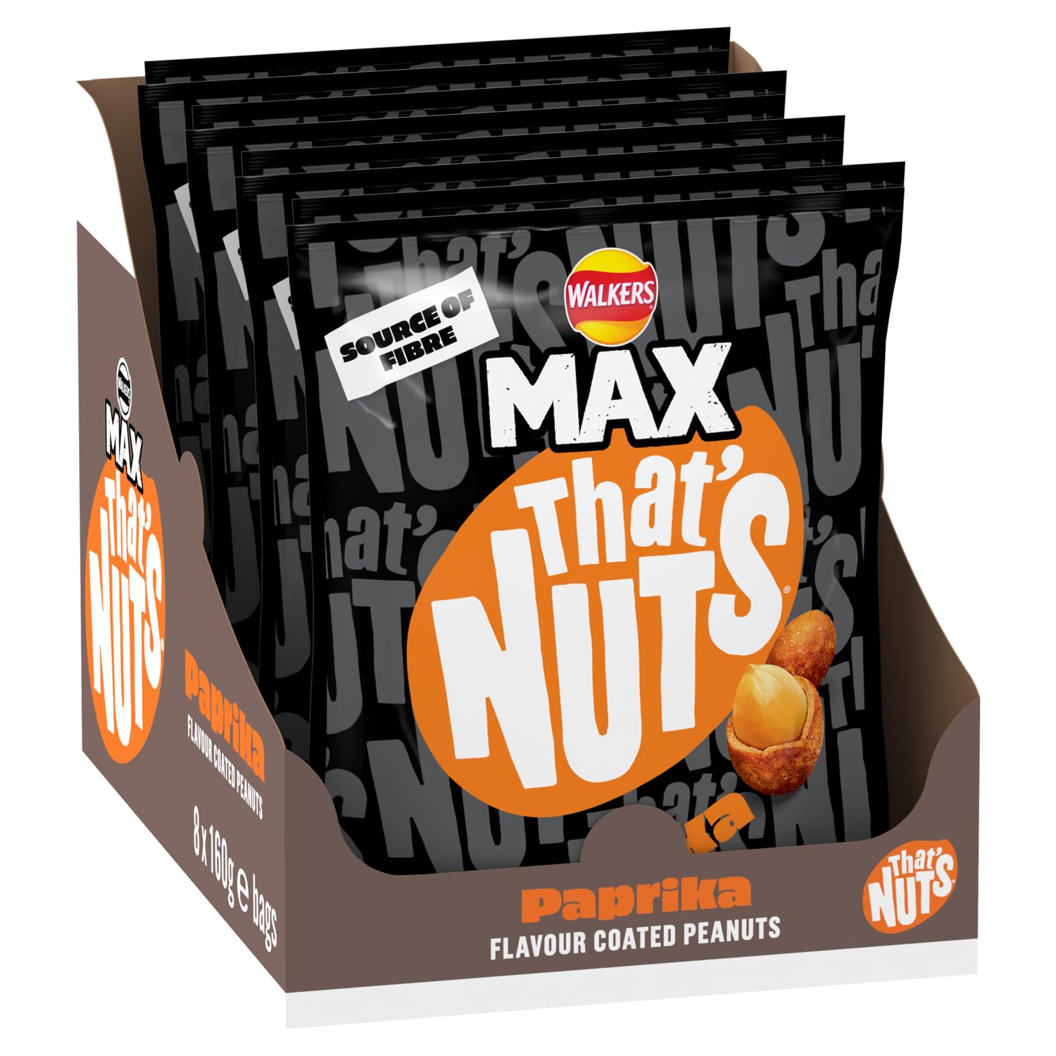 Walkers MAX Paprika Coated Peanuts – Crispy Savory Snacks, 160g (8 Pack)
