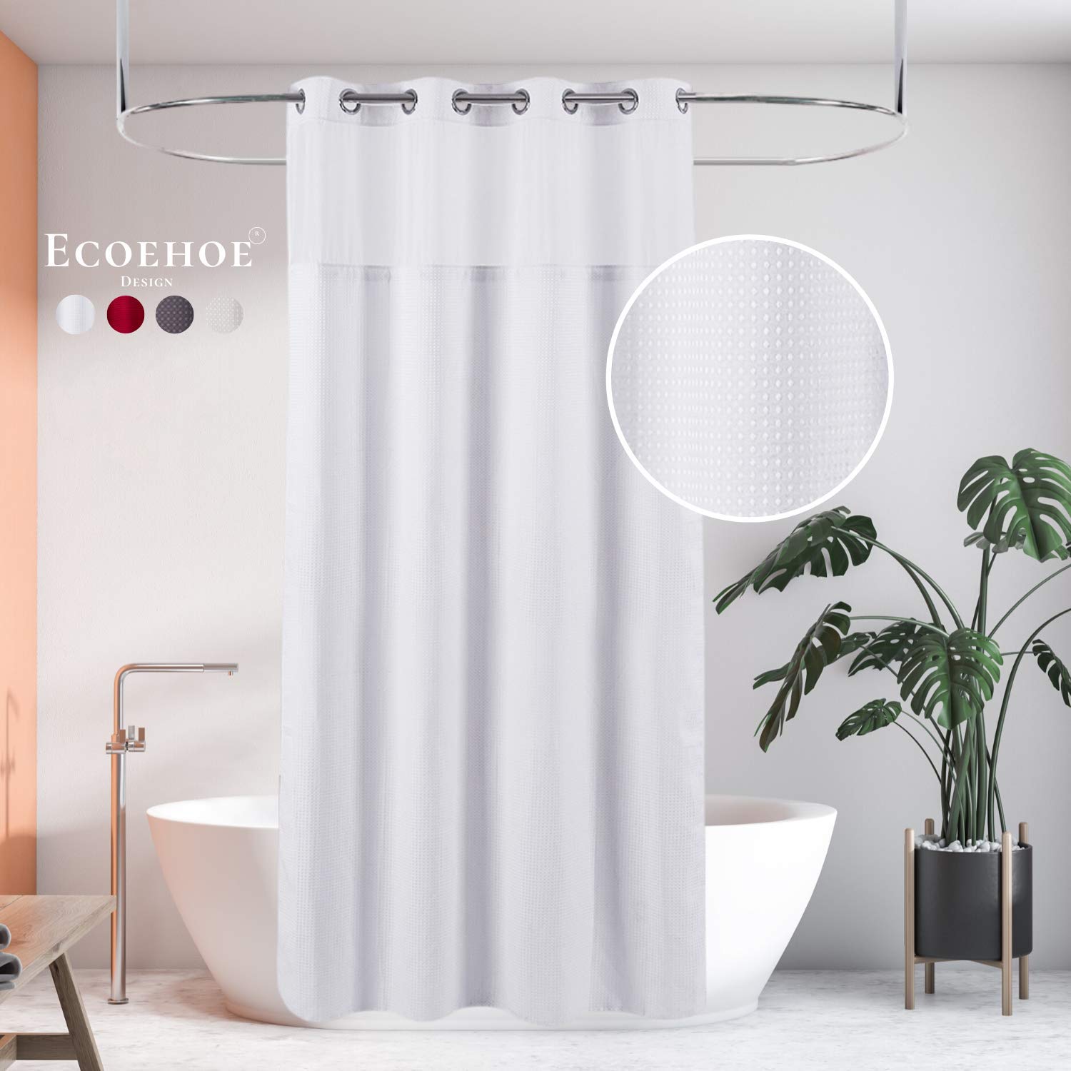 HappyBath Hookless Waffle Shower Curtain with Liner - White 71x79