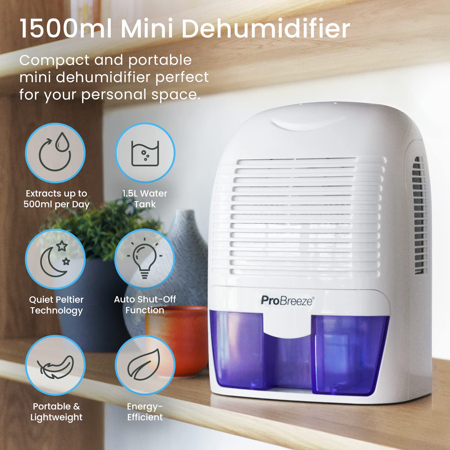Pro Breeze 1500ml Portable Dehumidifier | Ultra-Quiet Peltier Technology