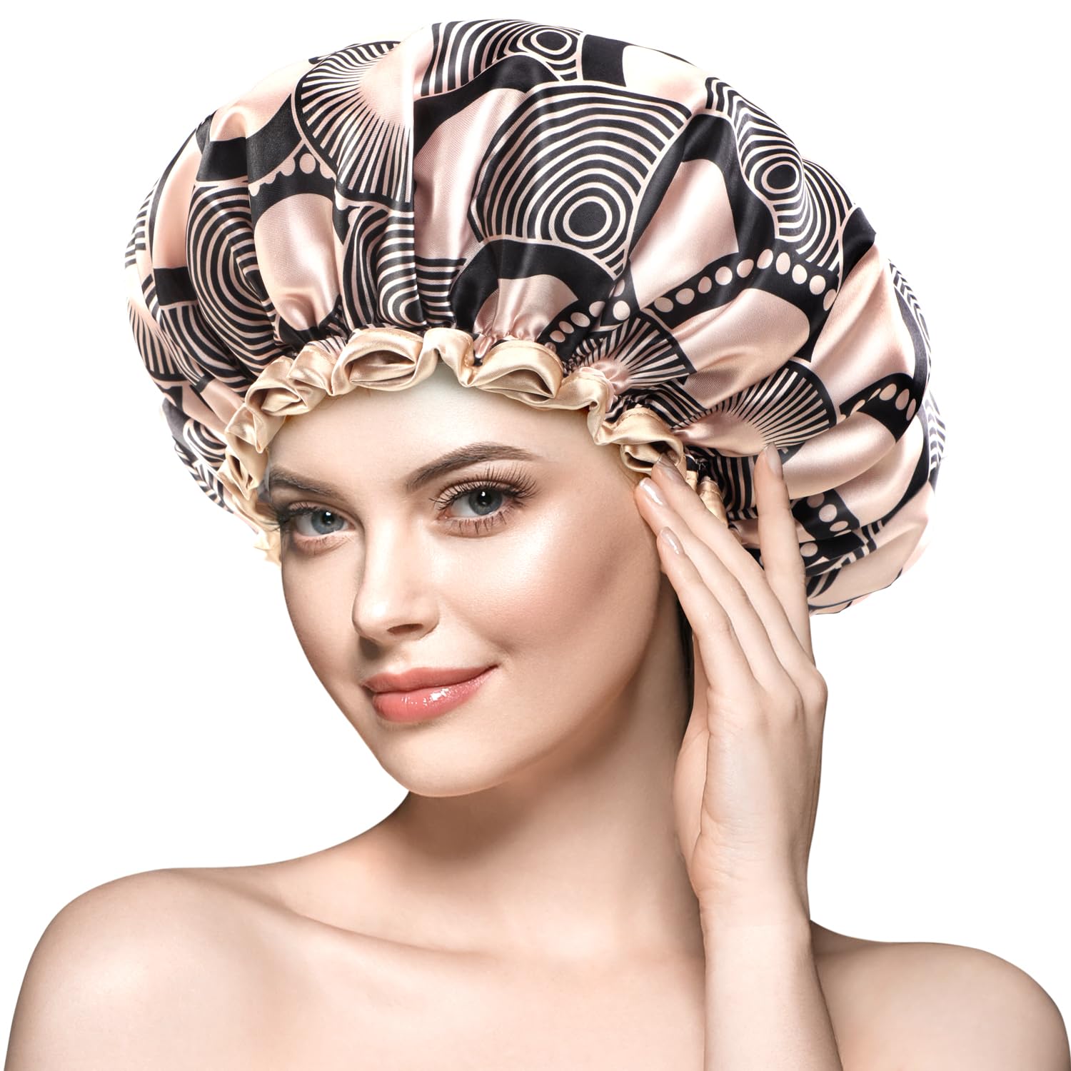 mikimini Large Waterproof Shower Cap for Long Thick Hair - Champagne 2-Pack