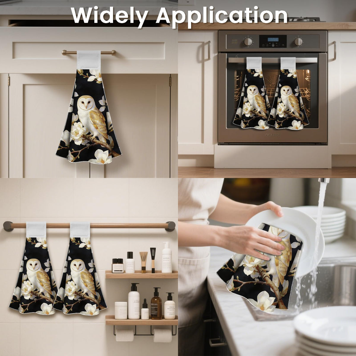 CUTHOLLOW 2 Pcs Owl and White Magnolia Hanging Kitchen Towels with Loop - image 4