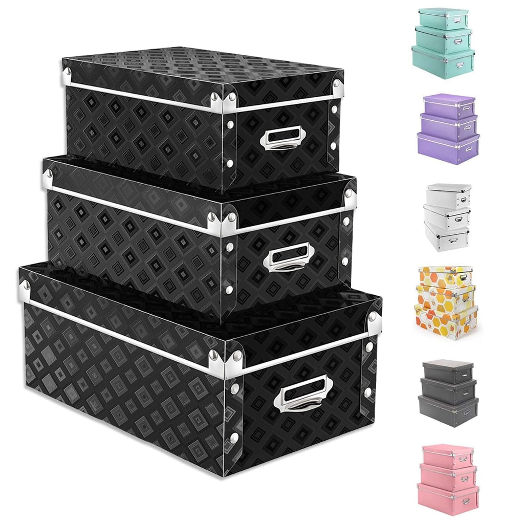 XUCHUN Storage Box with Lids Black, Set of 3 Waterproof Foldable Plastic Box Multiple Sizes for Socks/Office