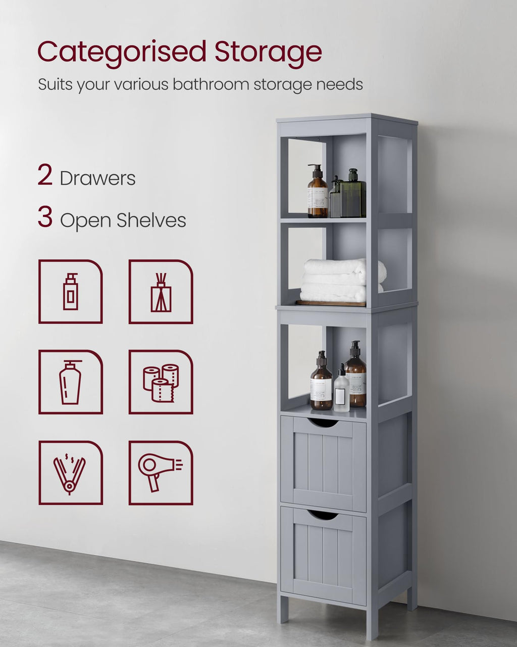VASAGLE Modern Bathroom Floor Cabinet – White Storage Unit with 2 Drawers