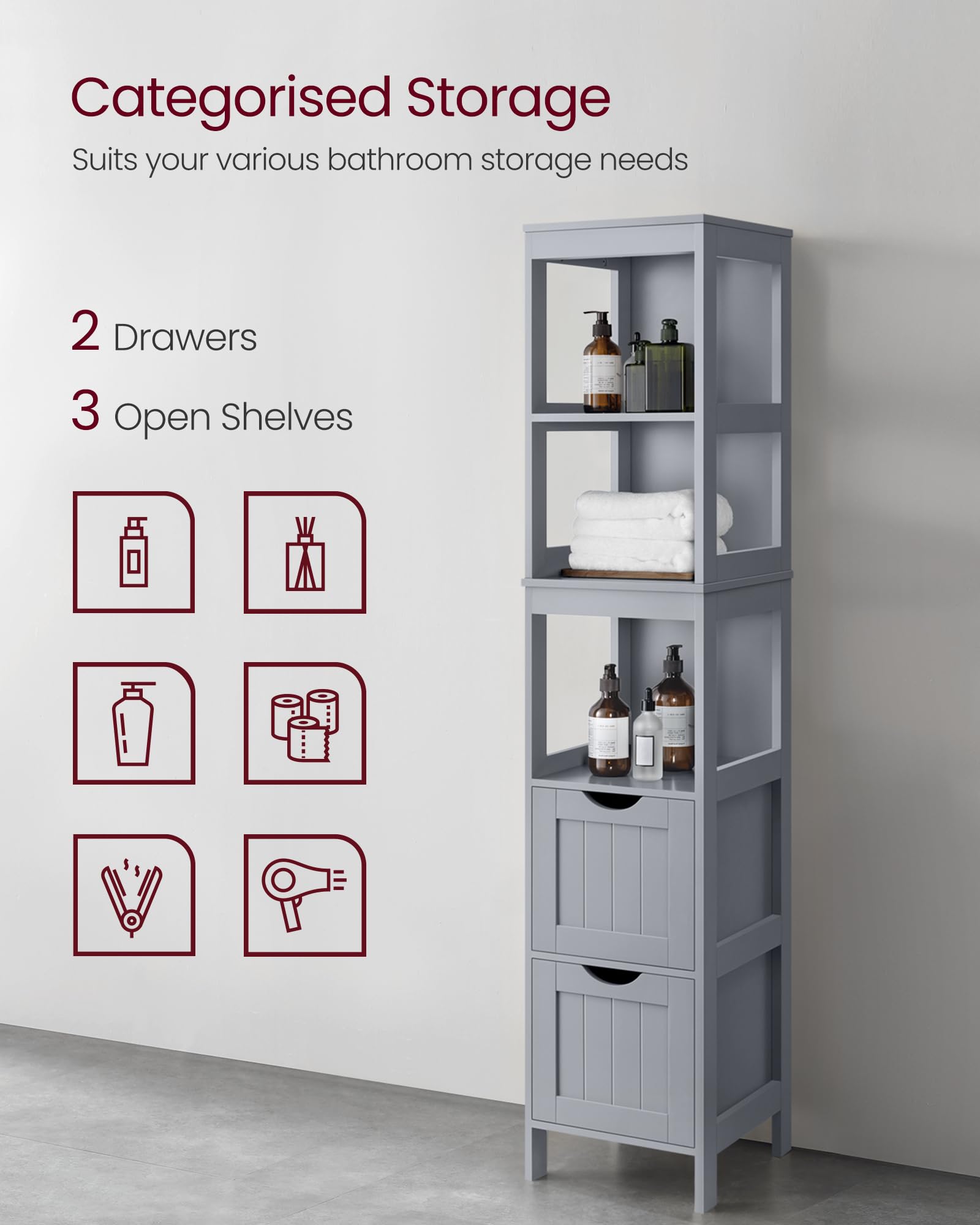 VASAGLE Modern Bathroom Floor Cabinet – White Storage Unit with 2 Drawers