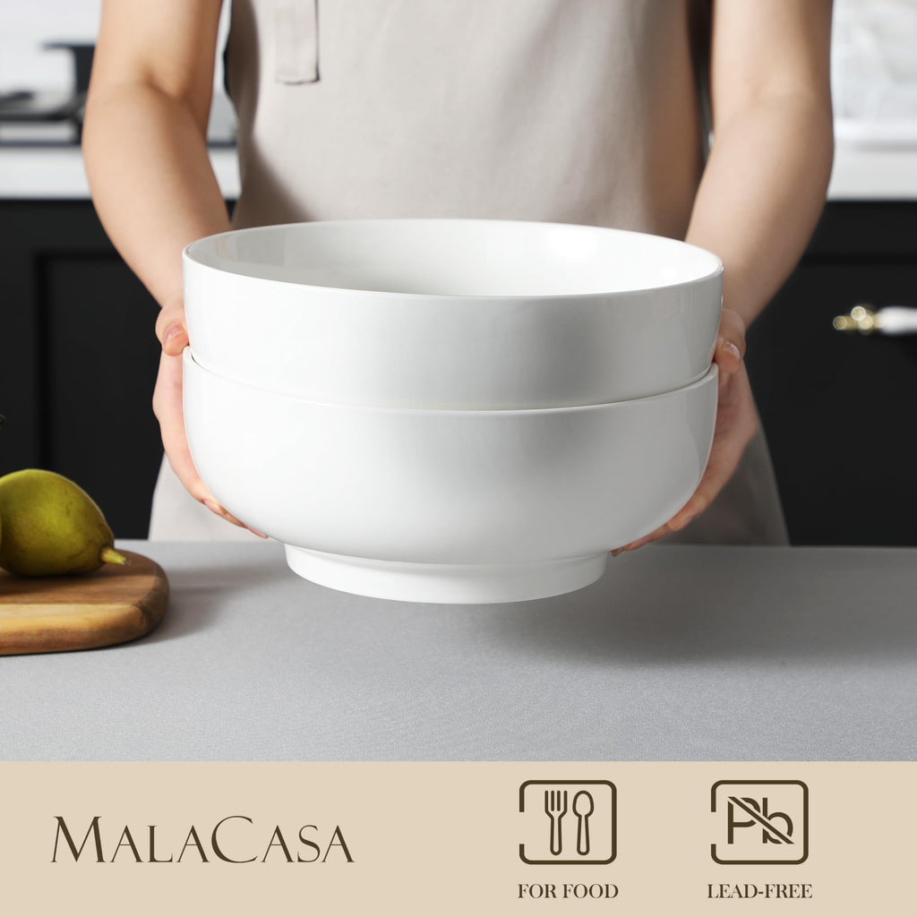 MALACASA Large Porcelain Salad Bowls - 3400ML White Serving Bowl Set of 2