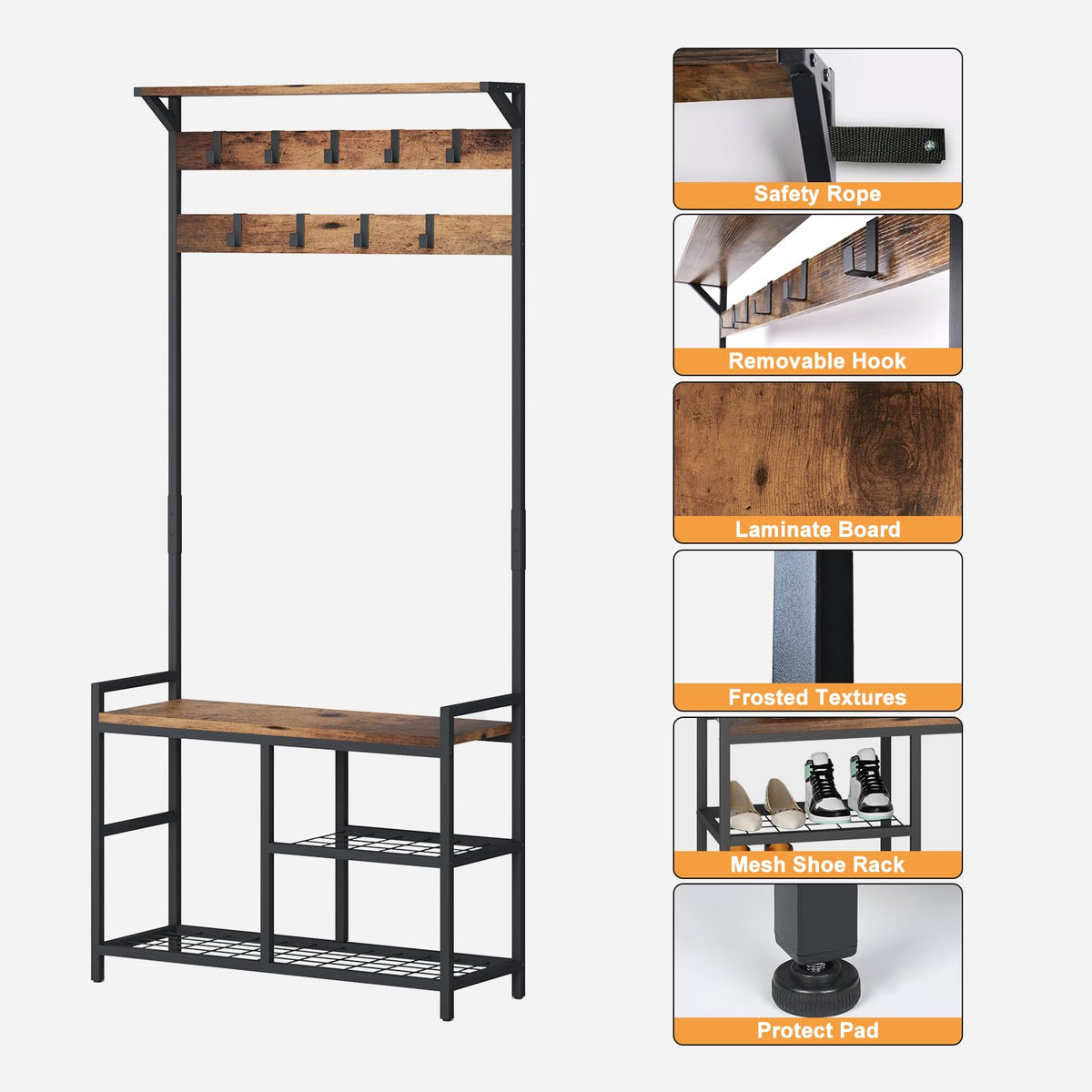 Industrial Coat Rack Freestanding Hall Tree 33"x12"x71.5" Rustic Brown - image 4