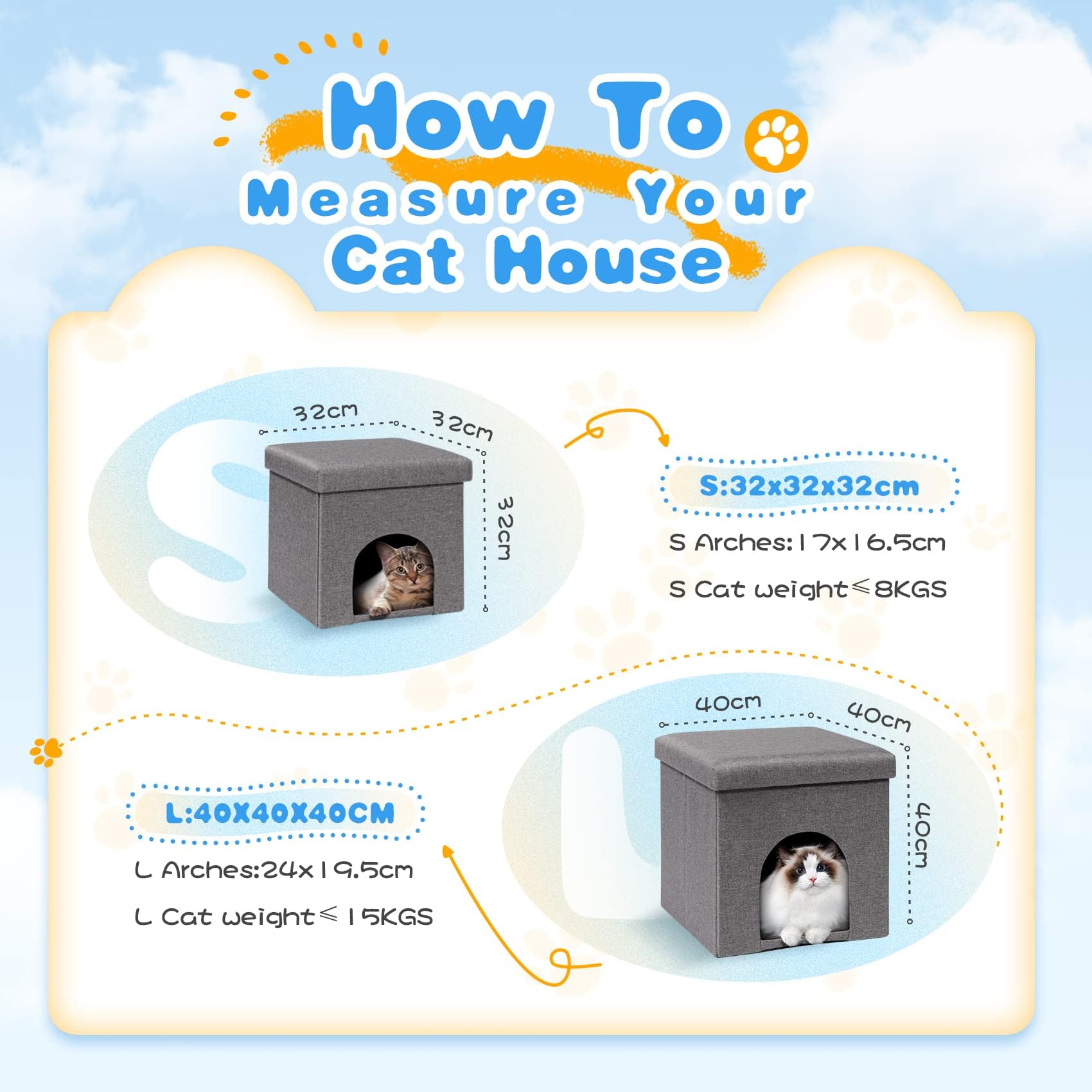 Bonlife Cat House Ottoman | Folding Linen Pet Cave Bed with Washable Pad