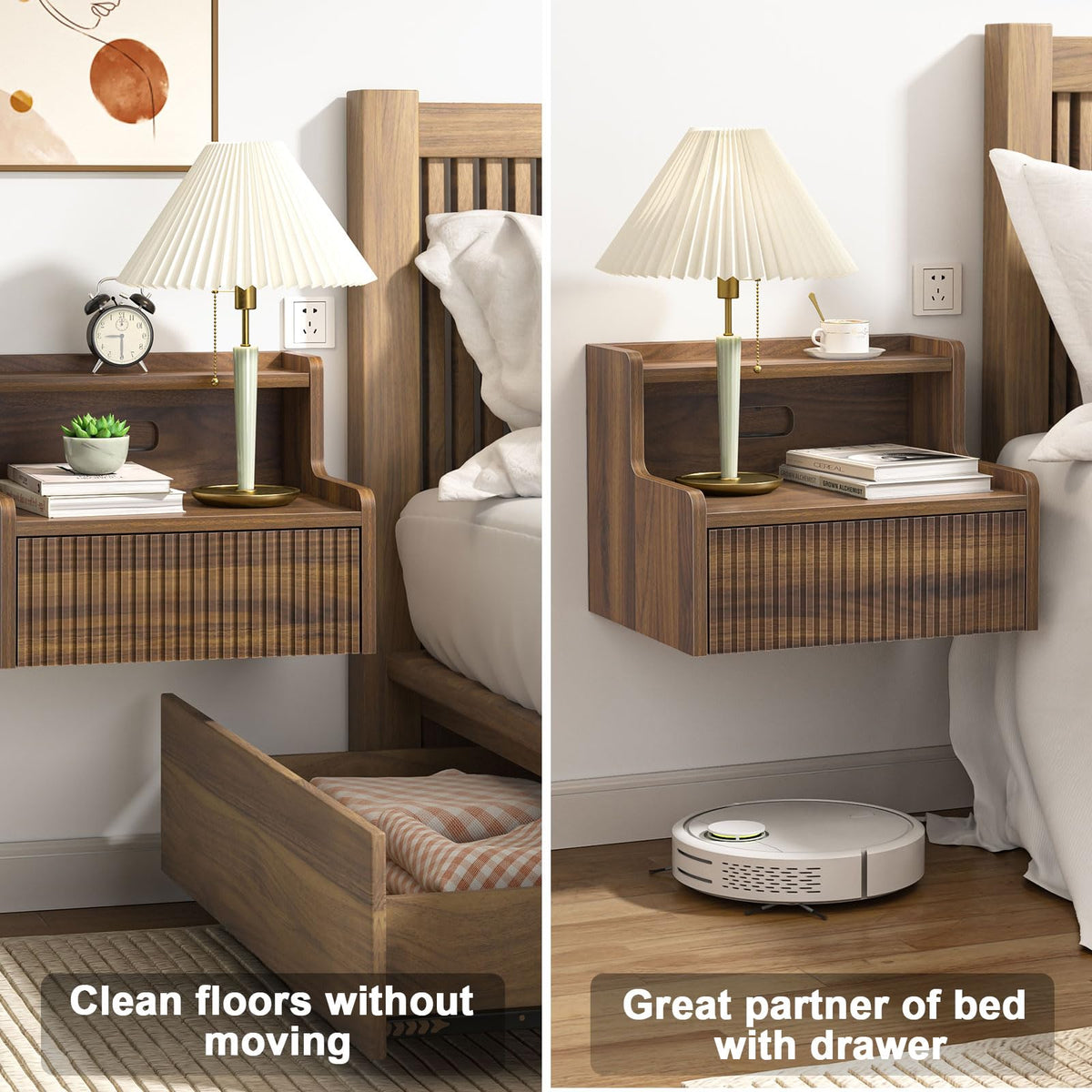 Skokliz Floating Bedside Table Set of 2, Wall Mounted Nightstand with Drawer and Open Shelf, Walnut Side Table Bedroom - image 4