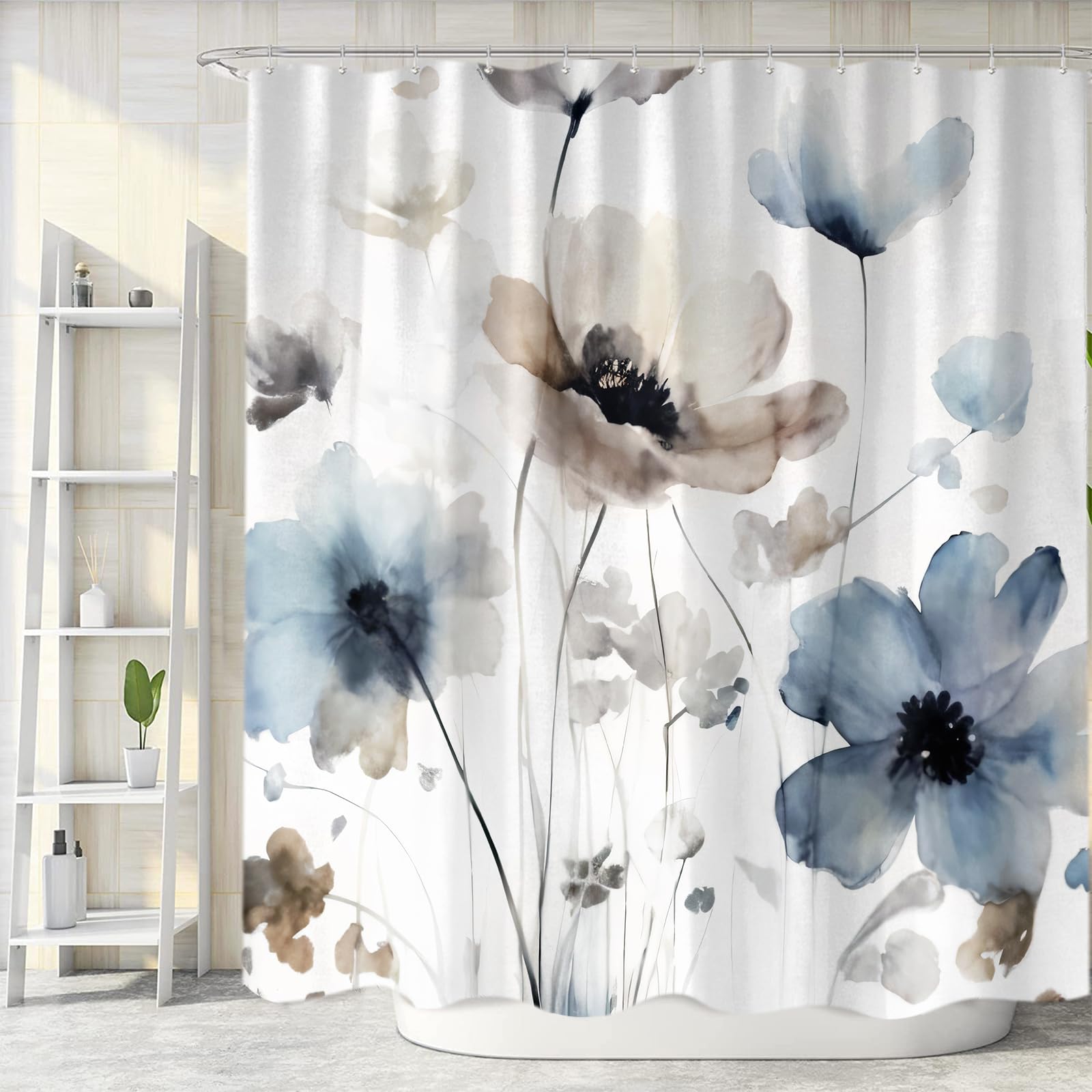 Jolof Store Boho Floral Shower Curtain – Watercolor Fabric with Hooks